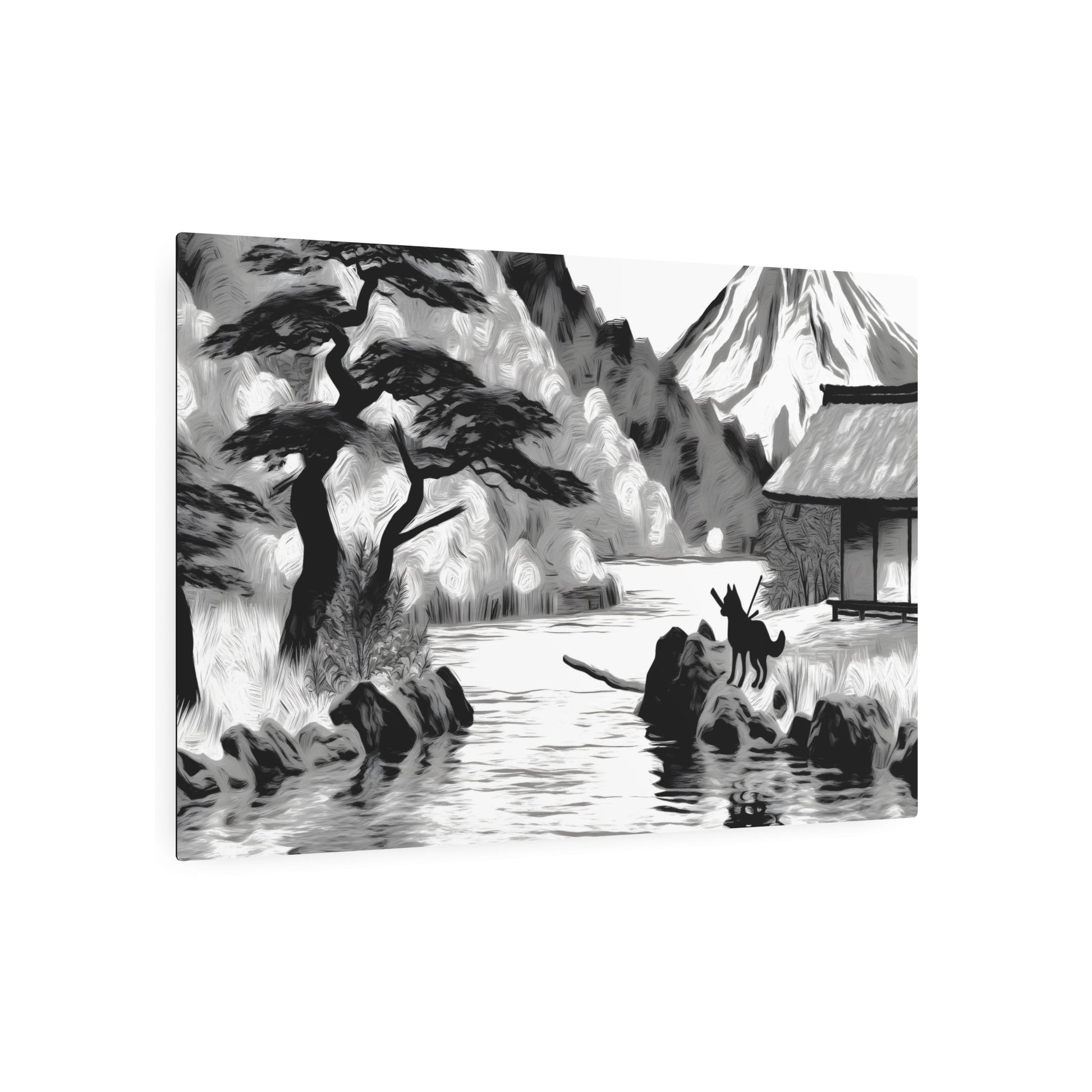 Metal Poster Art | "Serene Kano School Japanese Landscape Art with Playful Dog - Asian Art Styles Collection - Traditional Bold Brush Strokes, Muted Colors & Ink - Metal Poster Art 36″ x 24″ (Horizontal) 0.12''