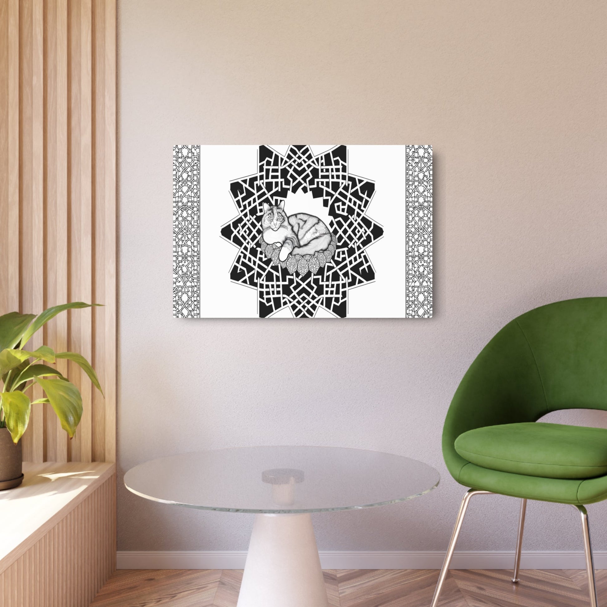 Metal Poster Art | "Islamic Geometric Patterns Art: Graceful Cat Resting within Intricate Non-Western Design" - Metal Poster Art 36″ x 24″ (Horizontal) 0.12''