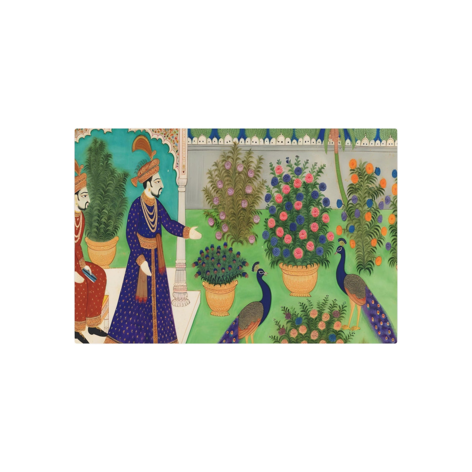 Metal Poster Art | "Mughal Miniature Art: Traditional South Asian Style Illustration of a Mughal Emperor Enjoying His Garden with Peacocks" - Metal Poster Art 36″ x 24″ (Horizontal) 0.12''