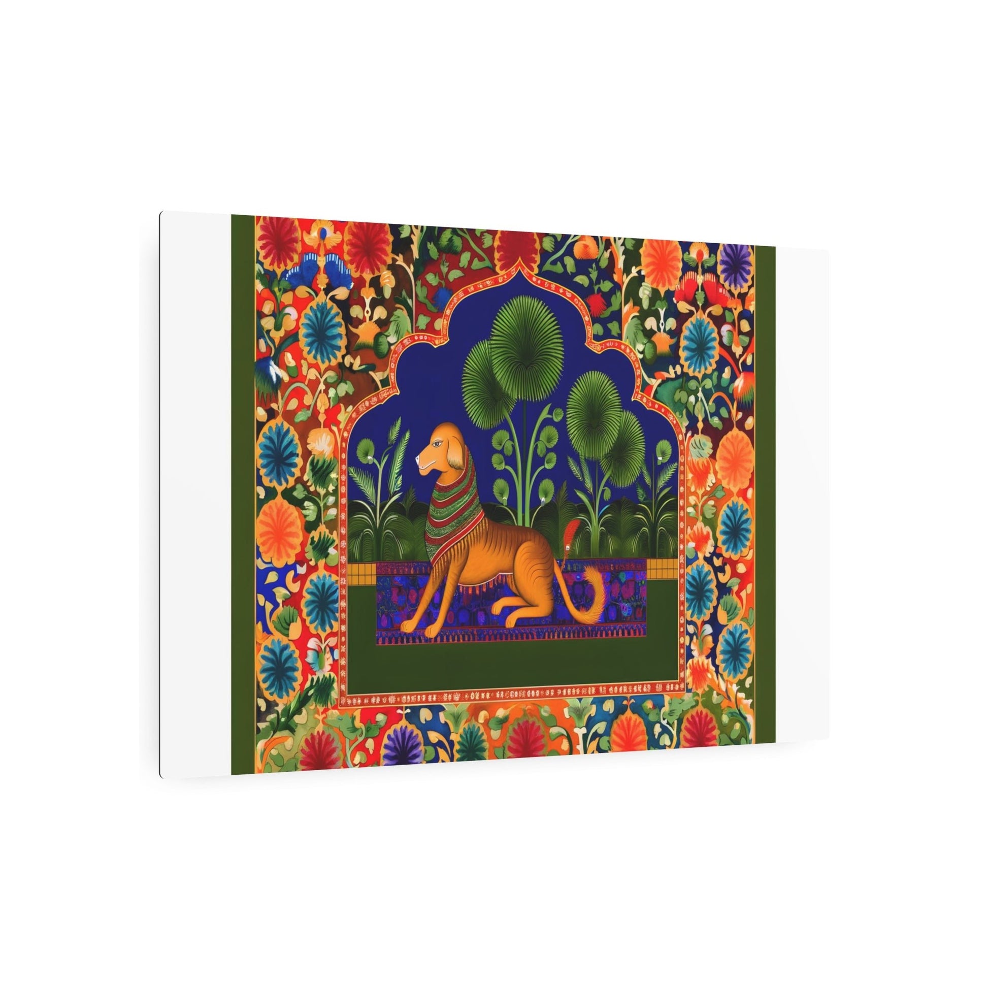 Metal Poster Art | "Regal Dog in Lush South Asian Landscape - Vibrant Mughal Miniature-style Artwork with Intricate Details - Non-Western & - Metal Poster Art 36″ x 24″ (Horizontal) 0.12''