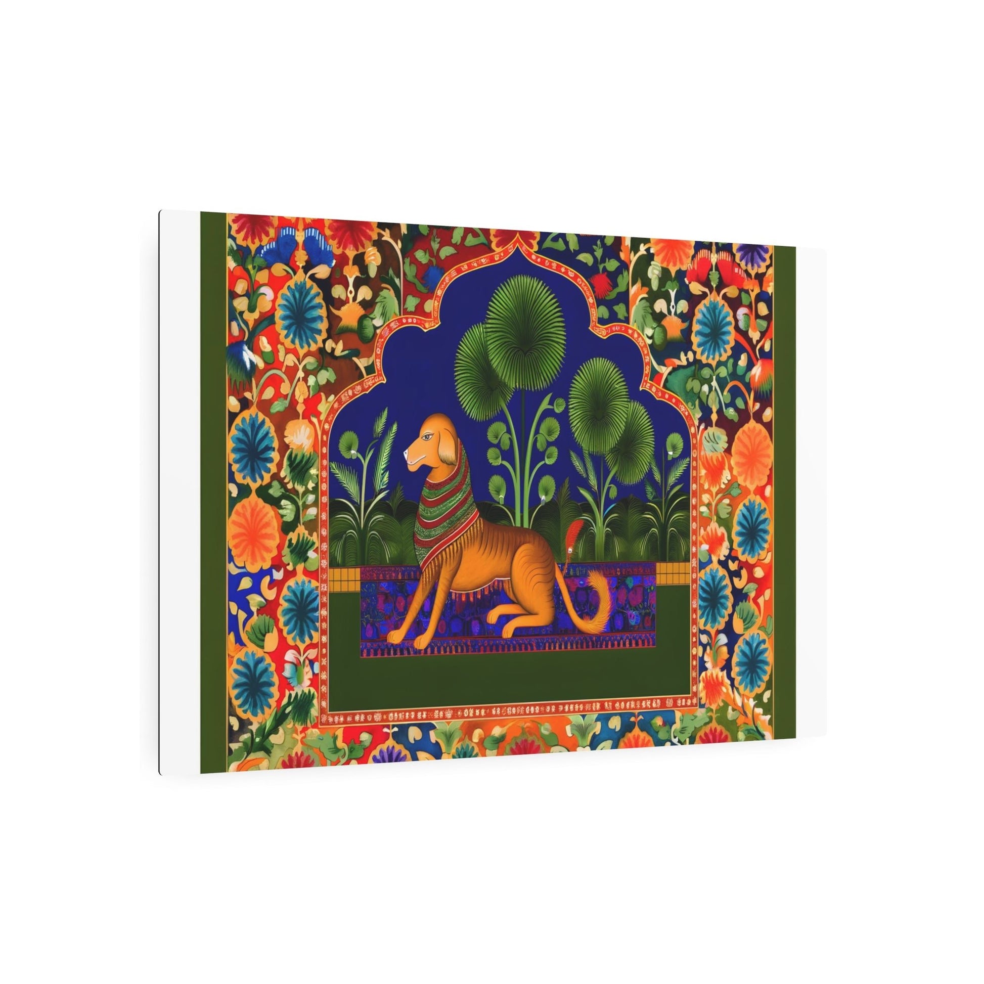 Metal Poster Art | "Regal Dog in Lush South Asian Landscape - Vibrant Mughal Miniature-style Artwork with Intricate Details - Non-Western & - Metal Poster Art 36″ x 24″ (Horizontal) 0.12''