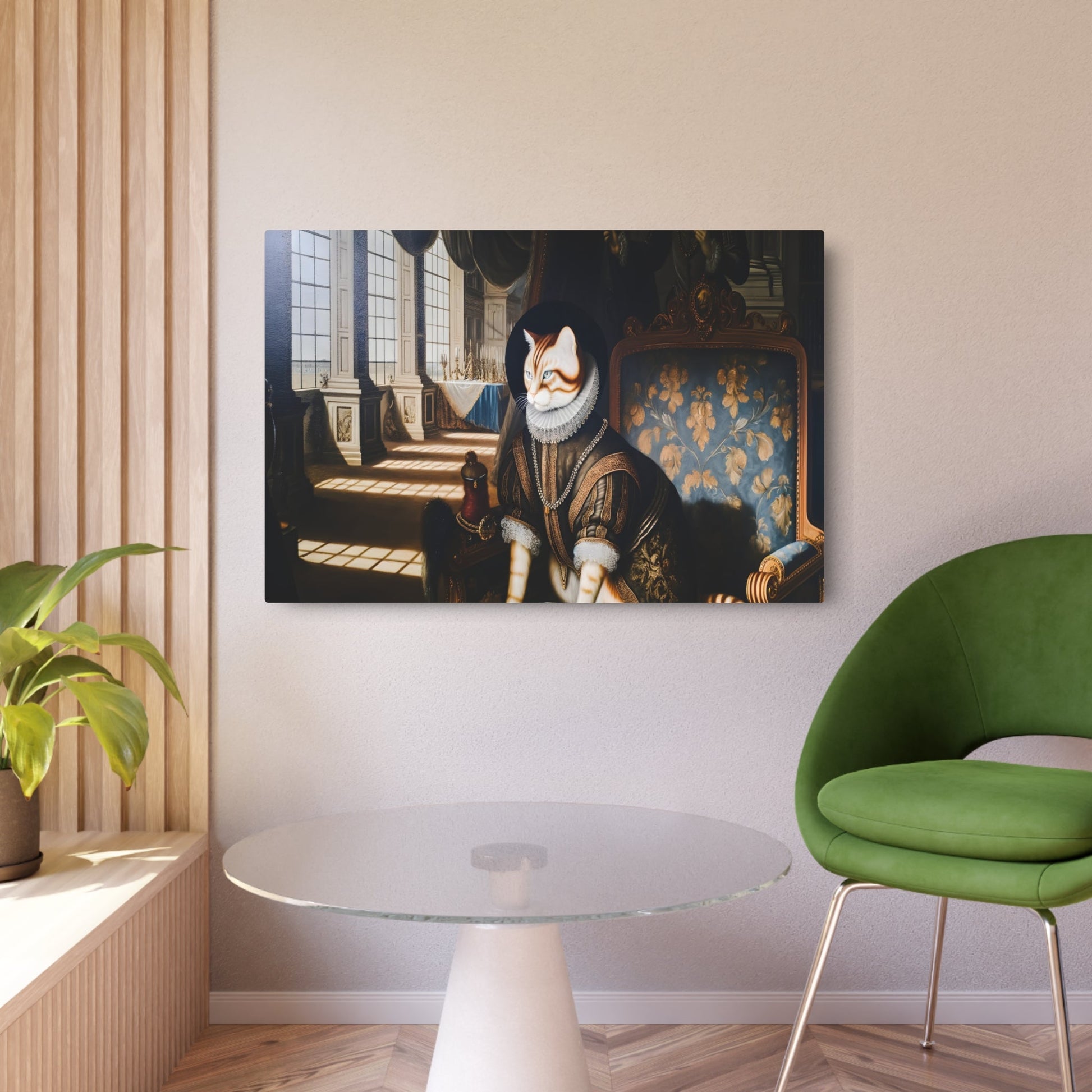 Metal Poster Art | "Regal Noble Cat in Grandeur Room - Renaissance Art Style Painting Depiction in Western Art Styles Collection" - Metal Poster Art 36″ x 24″ (Horizontal) 0.12''