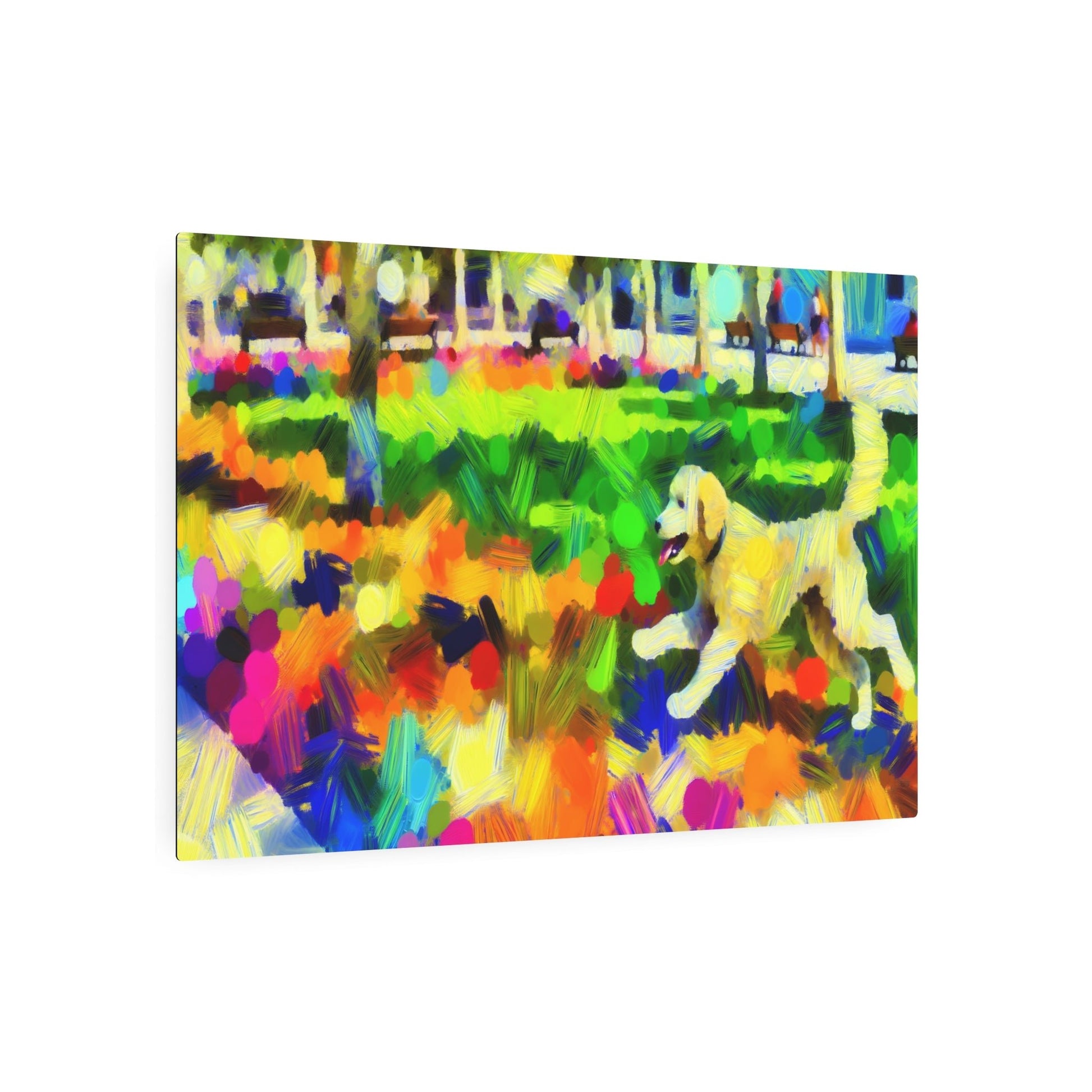 Metal Poster Art | "Impressionistic Western Art Style - Vibrant Colorful Brushstrokes of a Dog Playing in Sunny Park" - Metal Poster Art 36″ x 24″ (Horizontal) 0.12''