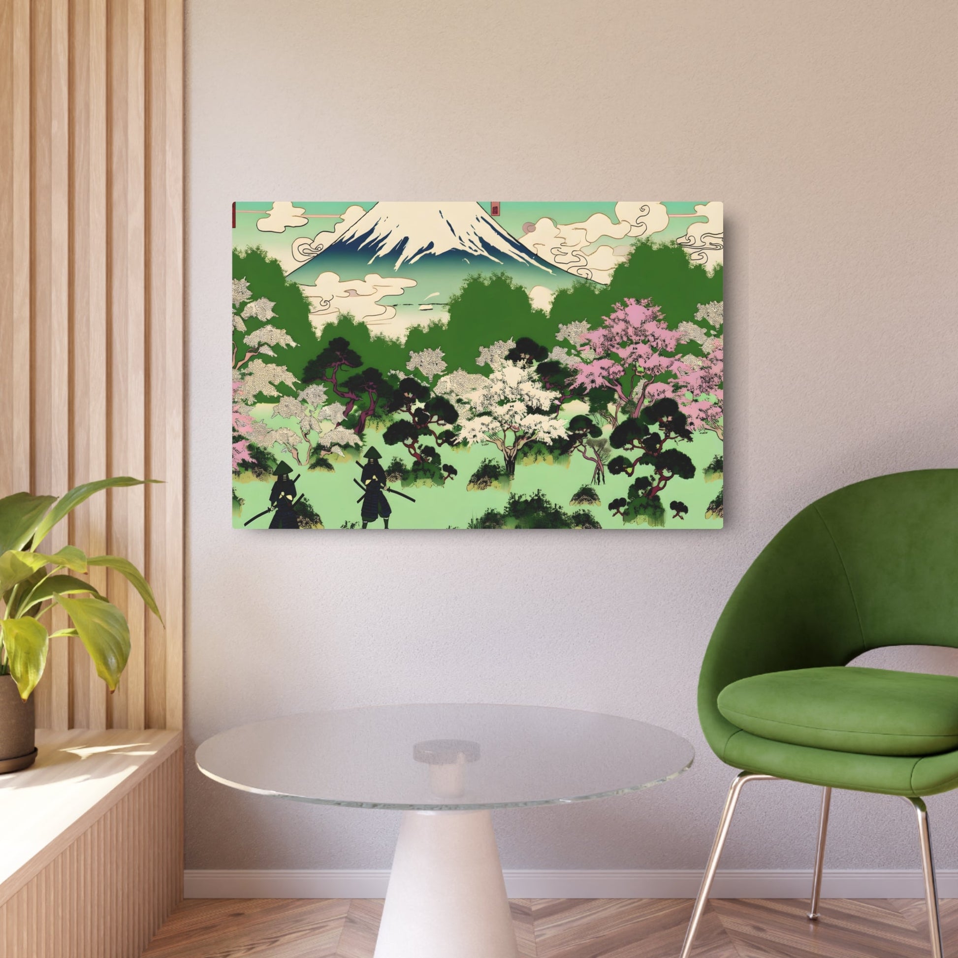 Metal Poster Art | "Ukiyo-e Style Asian Art: Mount Fuji, Cherry Blossom Trees & Samurai Warriors - Ancient Japanese Scenic Wall Art" - Metal Poster Art 36″ x 24″ (Horizontal) 0.12''