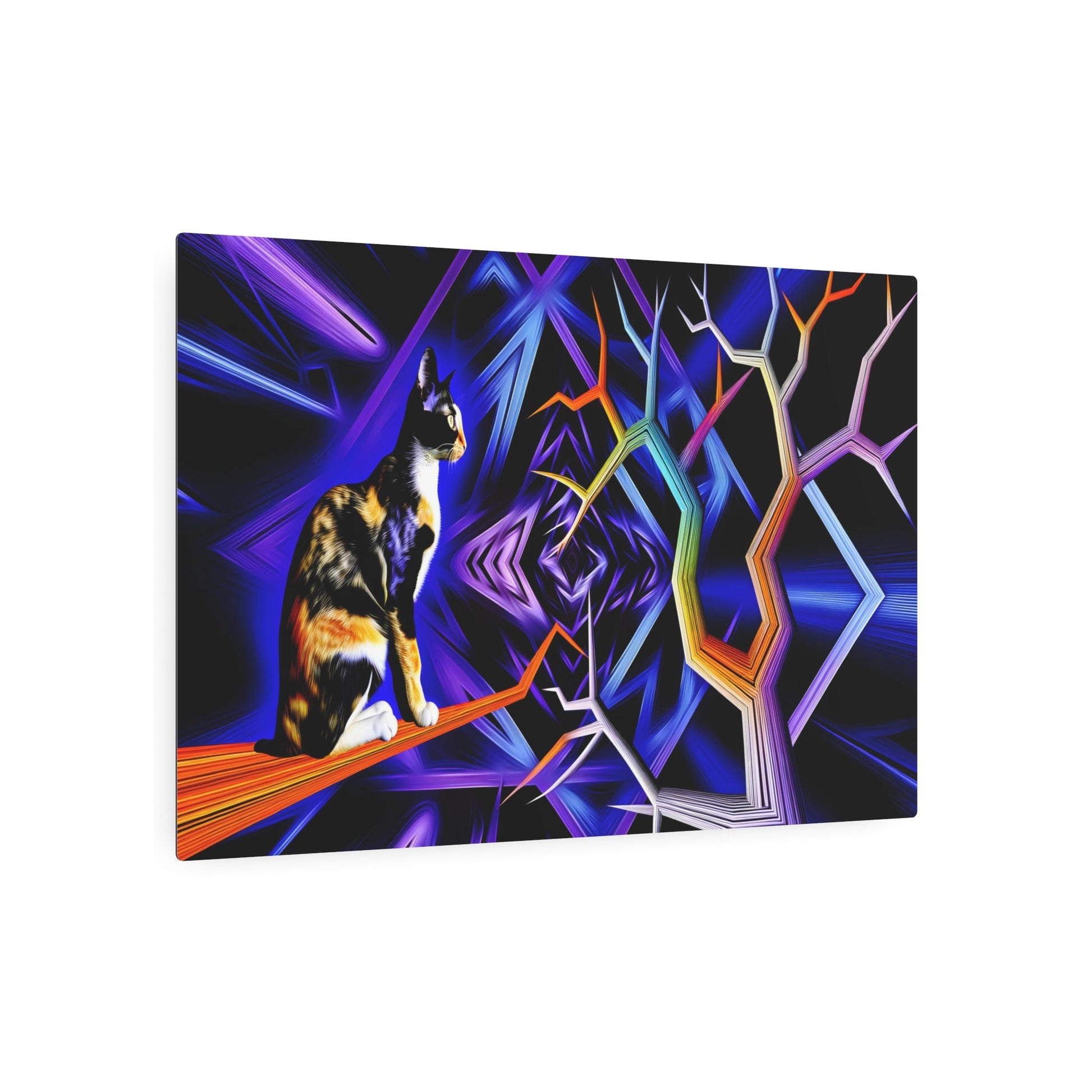 Metal Poster Art | "Modern Cyberpunk Calico Cat on Abstract Tree Branch Digital Art - Contemporary Neon Colored Wall Decor" - Metal Poster Art 36″ x 24″ (Horizontal) 0.12''