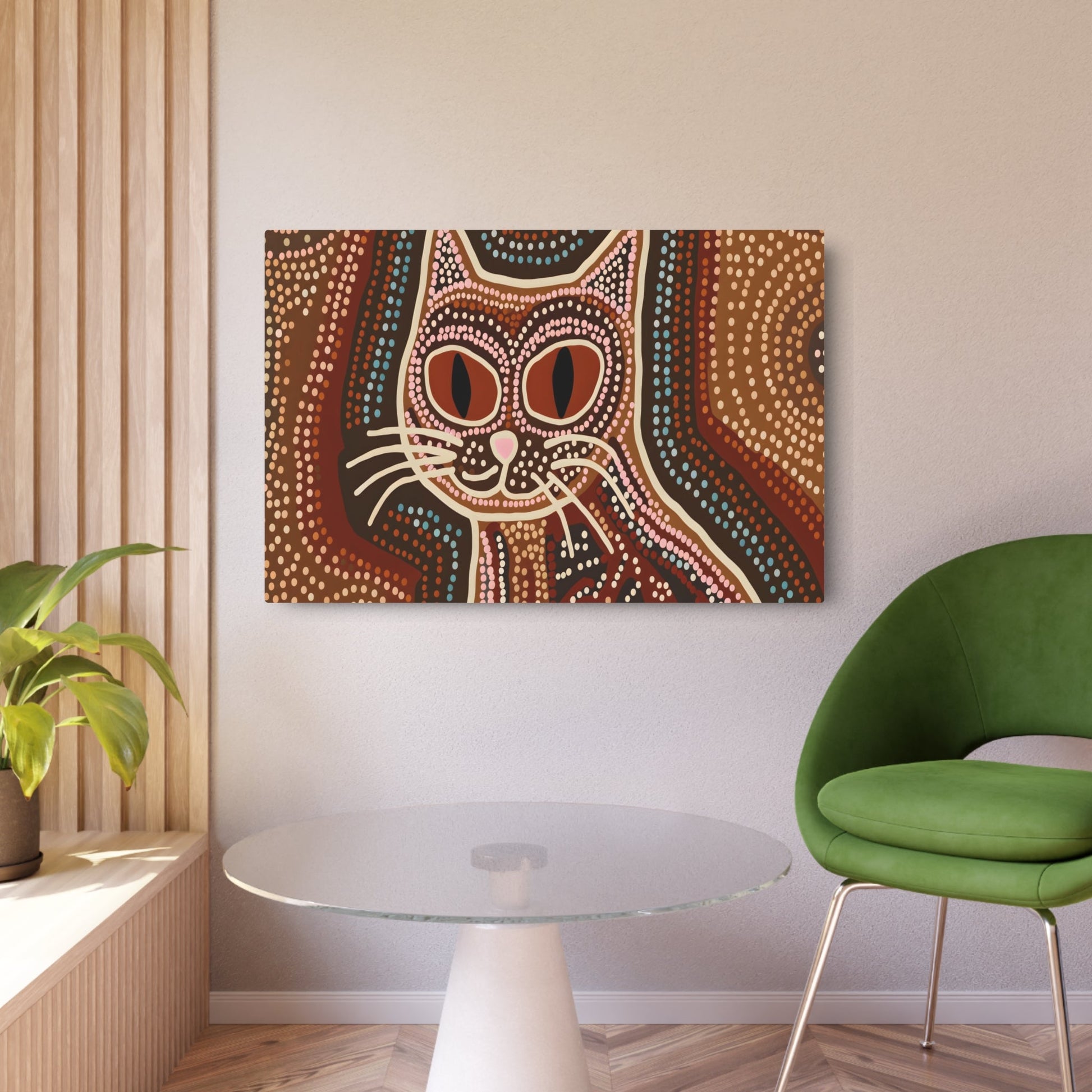 Metal Poster Art | "Aboriginal Art Style Cat Illustration - Authentic Australian Aboriginal Art inspired Feline Image in Non-Western & Global Styles Category" - Metal Poster Art 36″ x 24″ (Horizontal) 0.12''