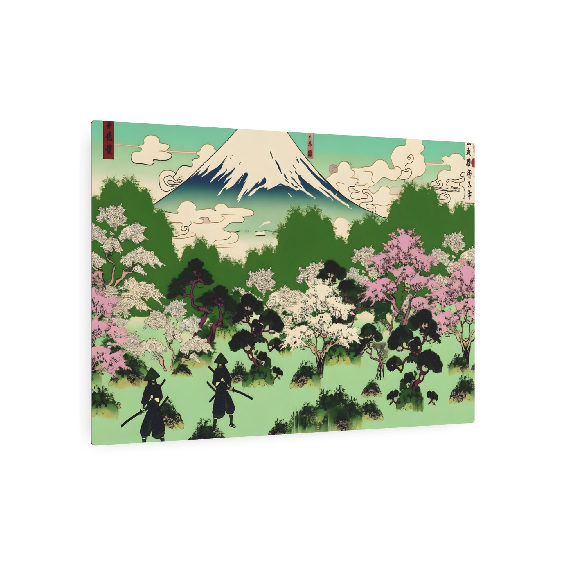 Metal Poster Art | "Ukiyo-e Style Asian Art: Mount Fuji, Cherry Blossom Trees & Samurai Warriors - Ancient Japanese Scenic Wall Art" - Metal Poster Art 36″ x 24″ (Horizontal) 0.12''