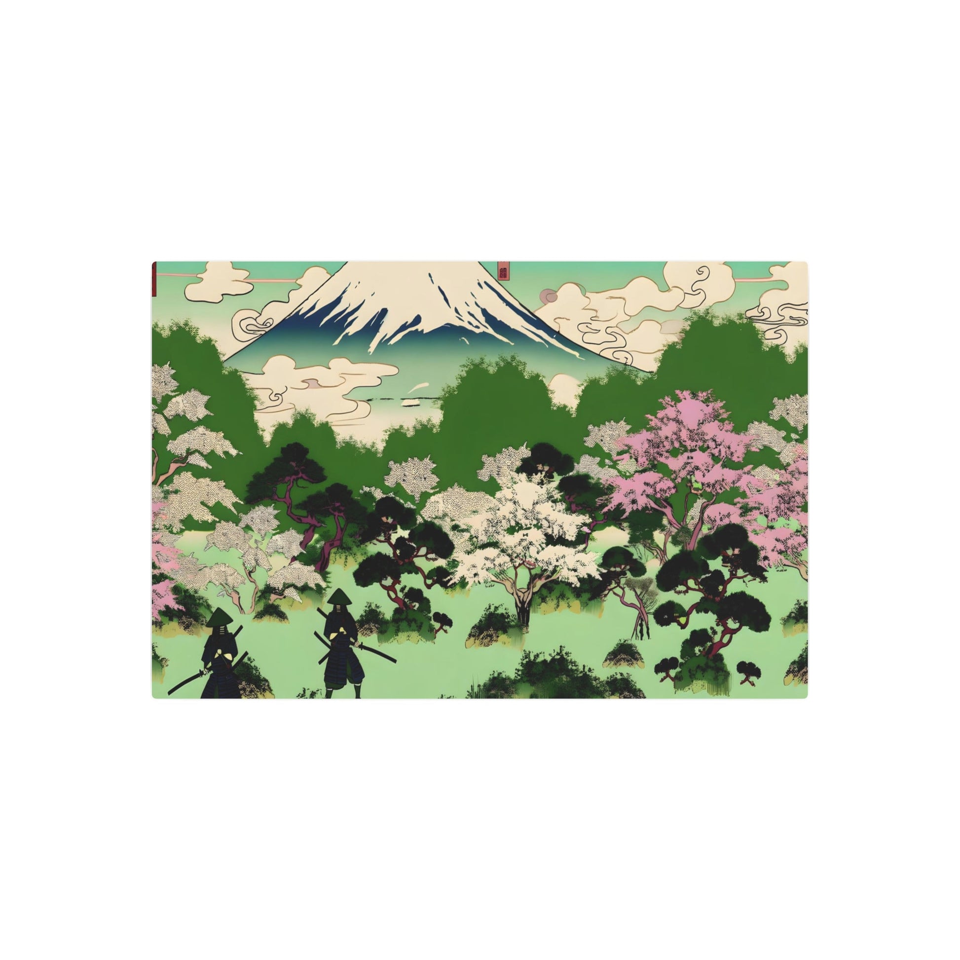 Metal Poster Art | "Ukiyo-e Style Asian Art: Mount Fuji, Cherry Blossom Trees & Samurai Warriors - Ancient Japanese Scenic Wall Art" - Metal Poster Art 36″ x 24″ (Horizontal) 0.12''