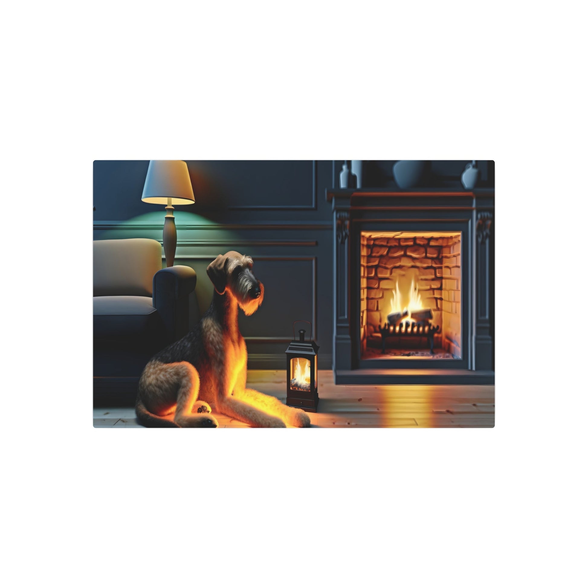 Metal Poster Art | "Realistic Western Art Style Dog by Fireplace - Detailed Realism Artwork Emphasizing Texture and Lighting" - Metal Poster Art 36″ x 24″ (Horizontal) 0.12''