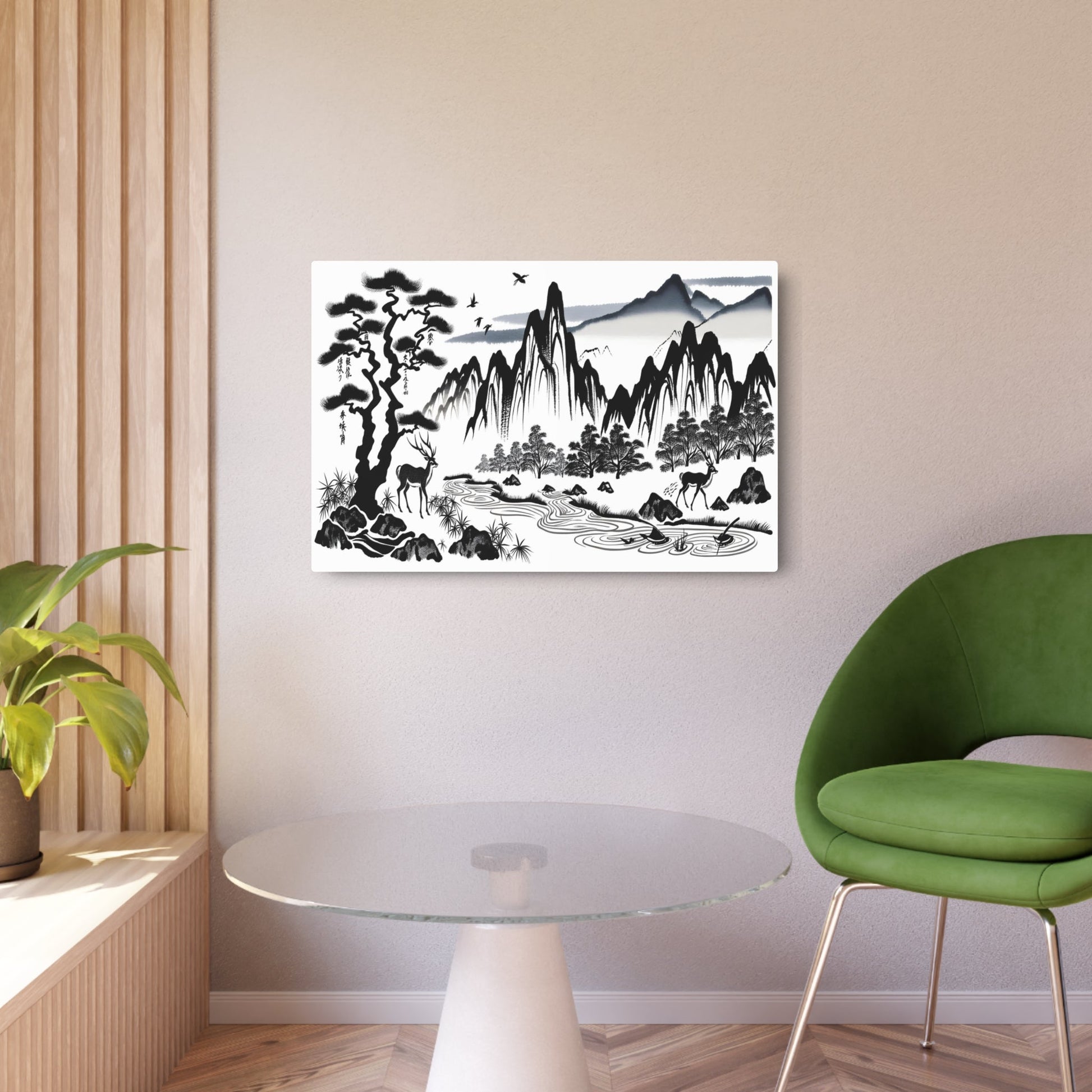 Metal Poster Art | "Kano School Inspired Asian Artwork: Monochrome Ink Painting of Japanese Landscapes and Animals " - Metal Poster Art 36″ x 24″ (Horizontal) 0.12''