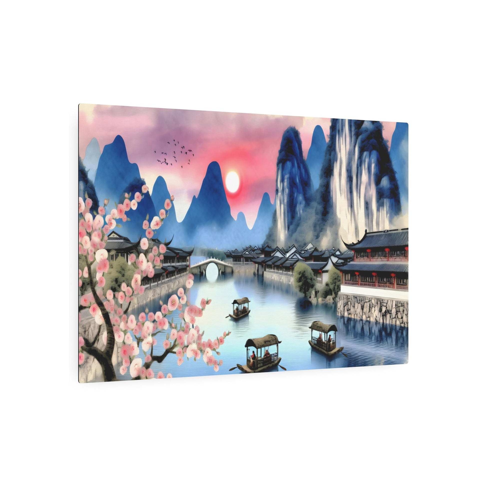 Metal Poster Art | "Traditional Chinese Landscape Watercolor Painting: Serene River, Majestic Mountains, Ancient Architecture, Cherry Blossoms - Inspired by Tang and Song Dynasty Art - Metal Poster Art 36″ x 24″ (Horizontal) 0.12''