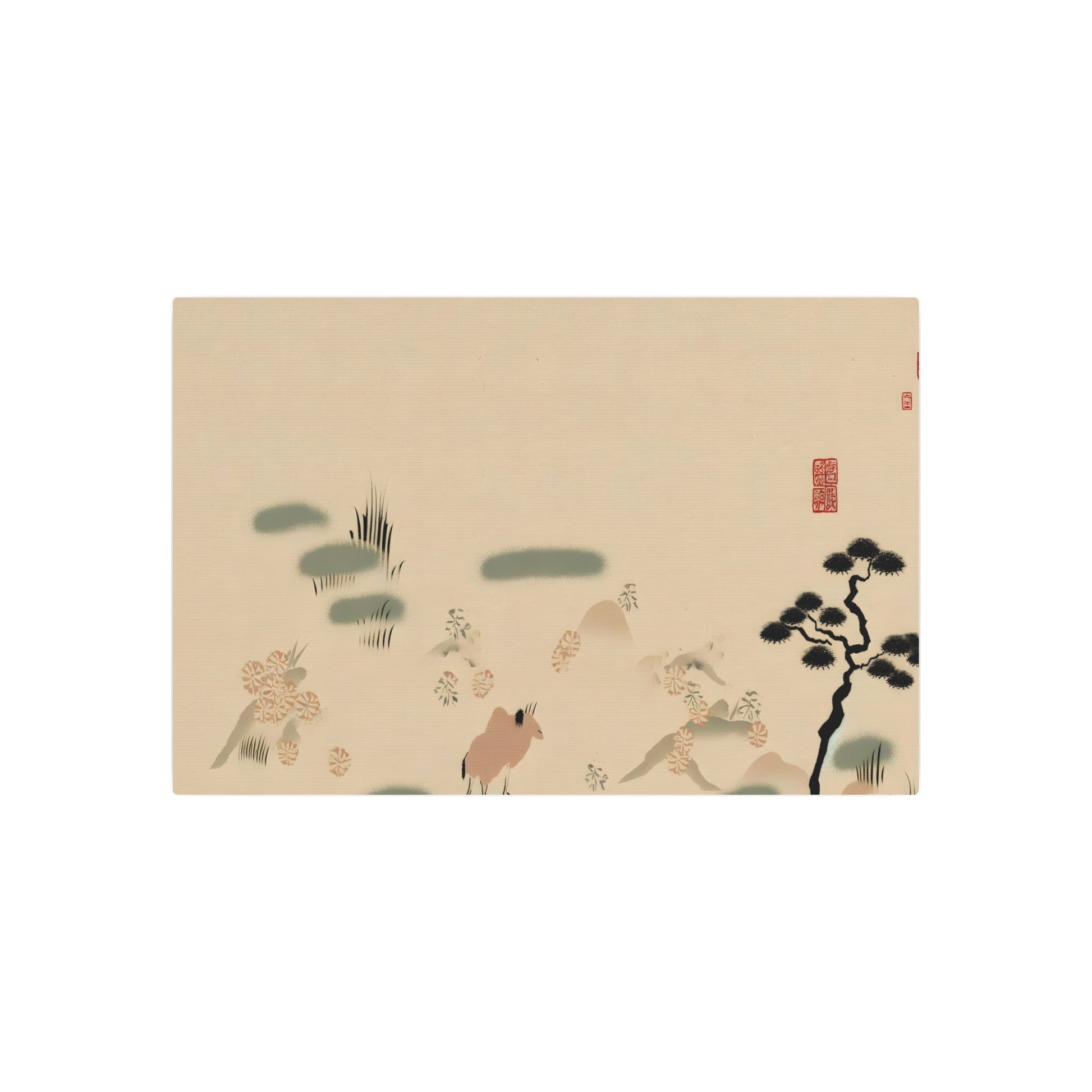 Metal Poster Art | "Elegant Kano School Inspired Japanese Painting: Simplistic Nature Scenes with Delicate Calligraphy and Abstract Animal Representations - Asian Art Styles" - Metal Poster Art 36″ x 24″ (Horizontal) 0.12''