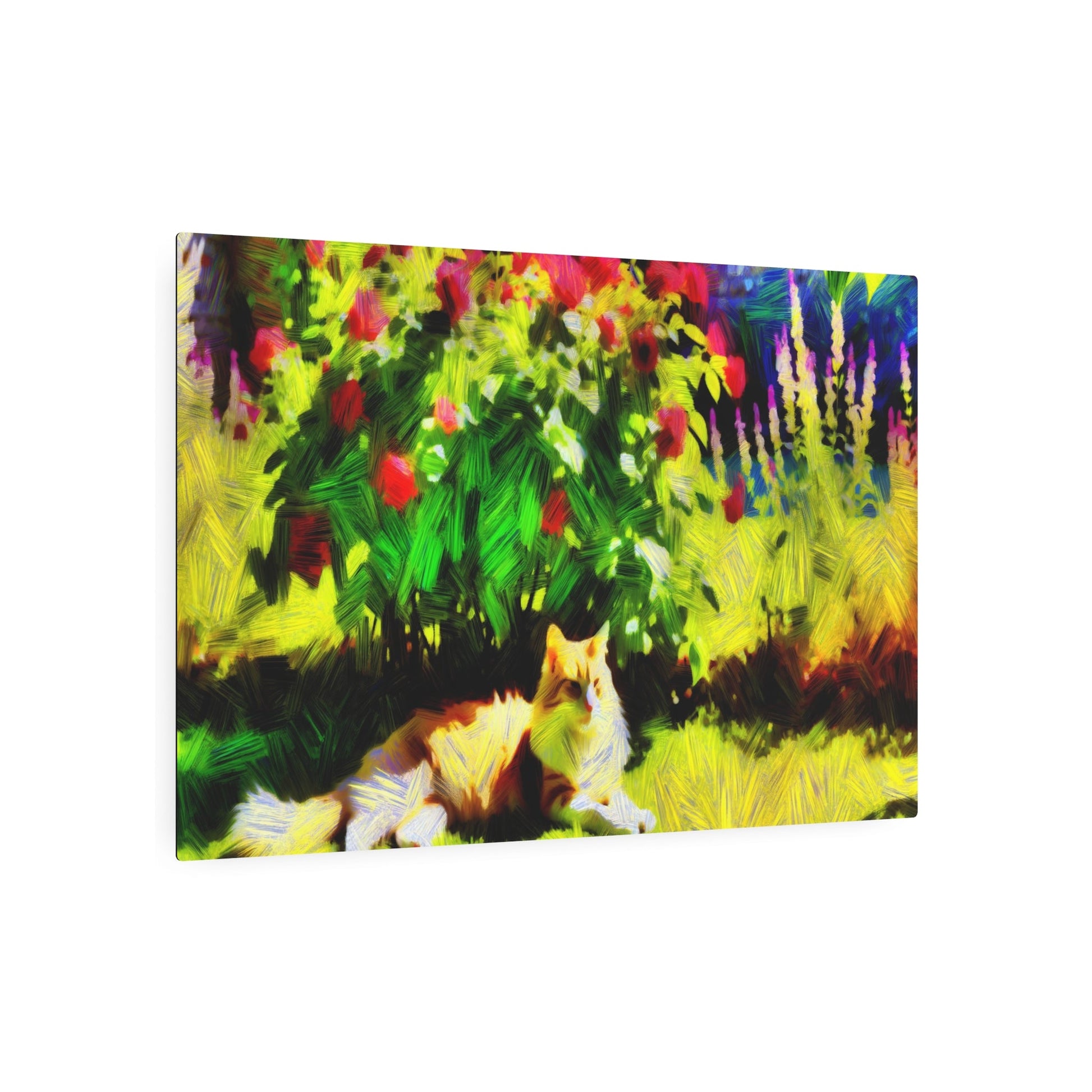 Metal Poster Art | "Impressionist Style Western Art - Sunlit Garden Scene with Cat amid Blooming Flowers" - Metal Poster Art 36″ x 24″ (Horizontal) 0.12''