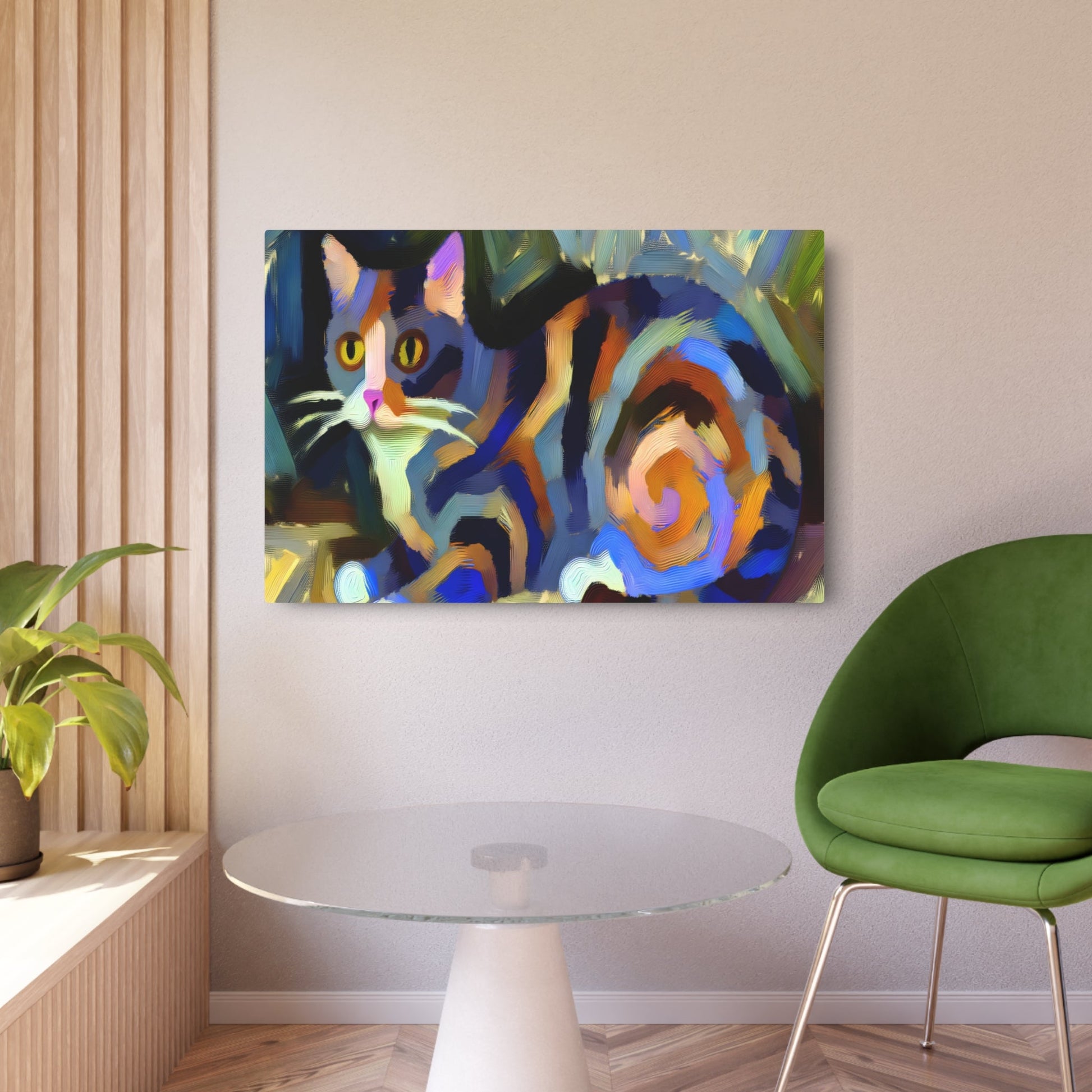 Metal Poster Art | "Abstract Expressionism Cat Painting in Modern & Contemporary Style: Colorful, Emotional Art with Spontaneous Brush Strokes and Textures" - Metal Poster Art 36″ x 24″ (Horizontal) 0.12''