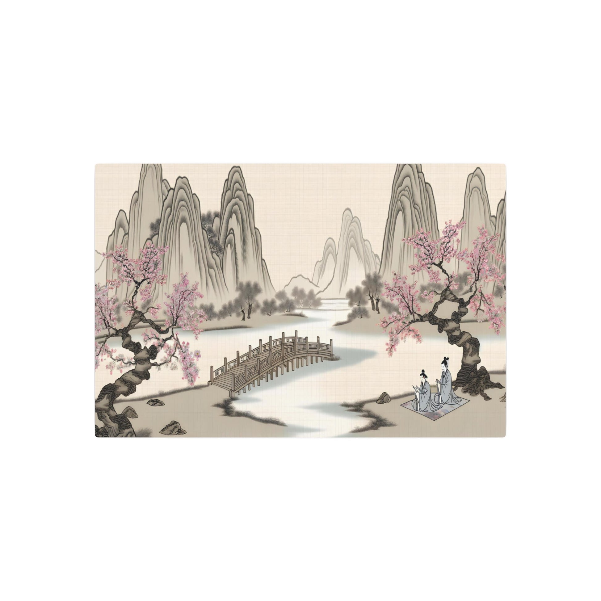 Metal Poster Art | "Traditional Chinese Silk Painting of Serene Mountain Landscape & Cherry Blossom Trees - Asian Art Styles, Sub-category: Chinese Silk Painting" - Metal Poster Art 36″ x 24″ (Horizontal) 0.12''