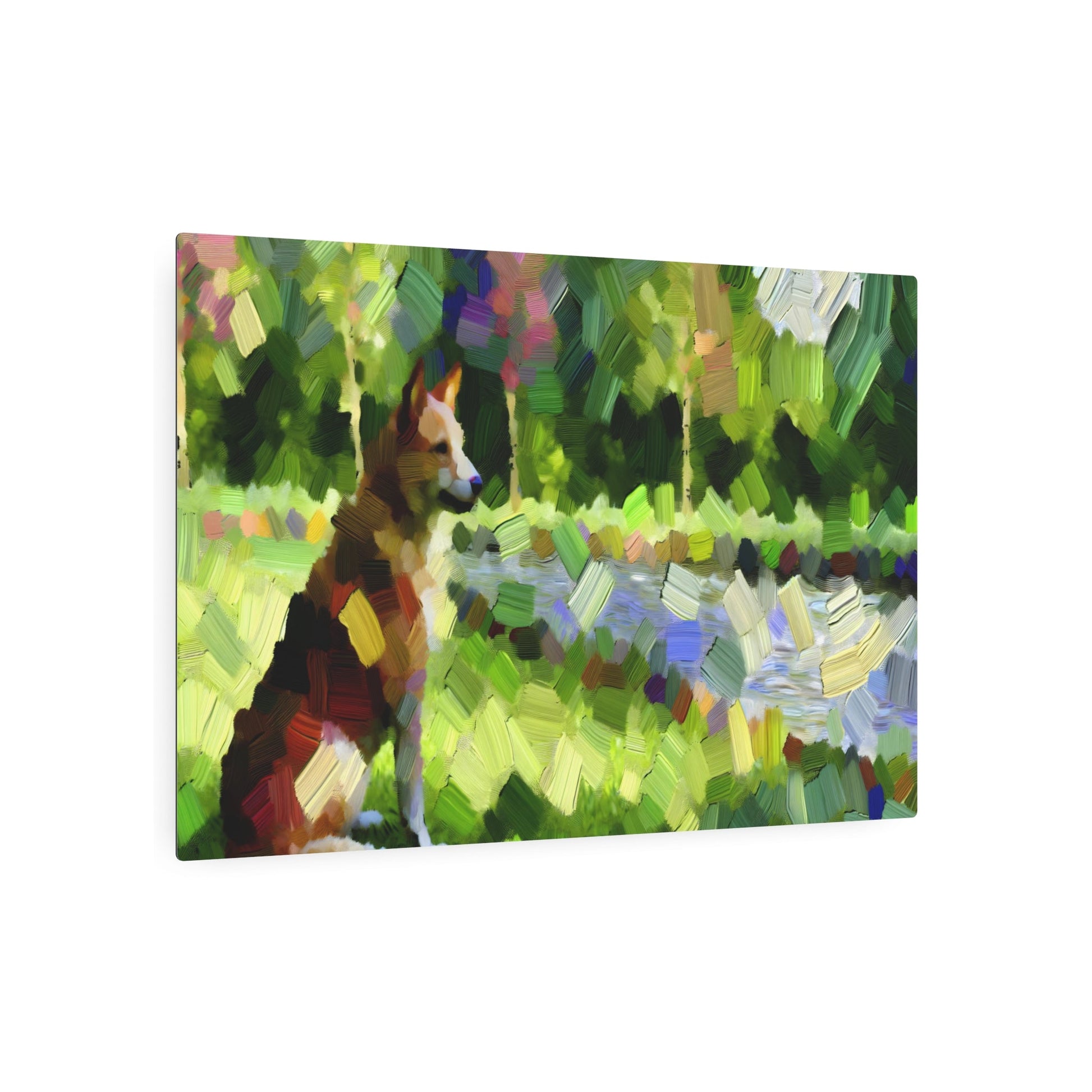 Metal Poster Art | "Impressionistic Western Art Style - Vibrant Outdoor Scene with Domesticated Dog, Emphasizing Light Variations and Loose Brush Strokes" - Metal Poster Art 36″ x 24″ (Horizontal) 0.12''