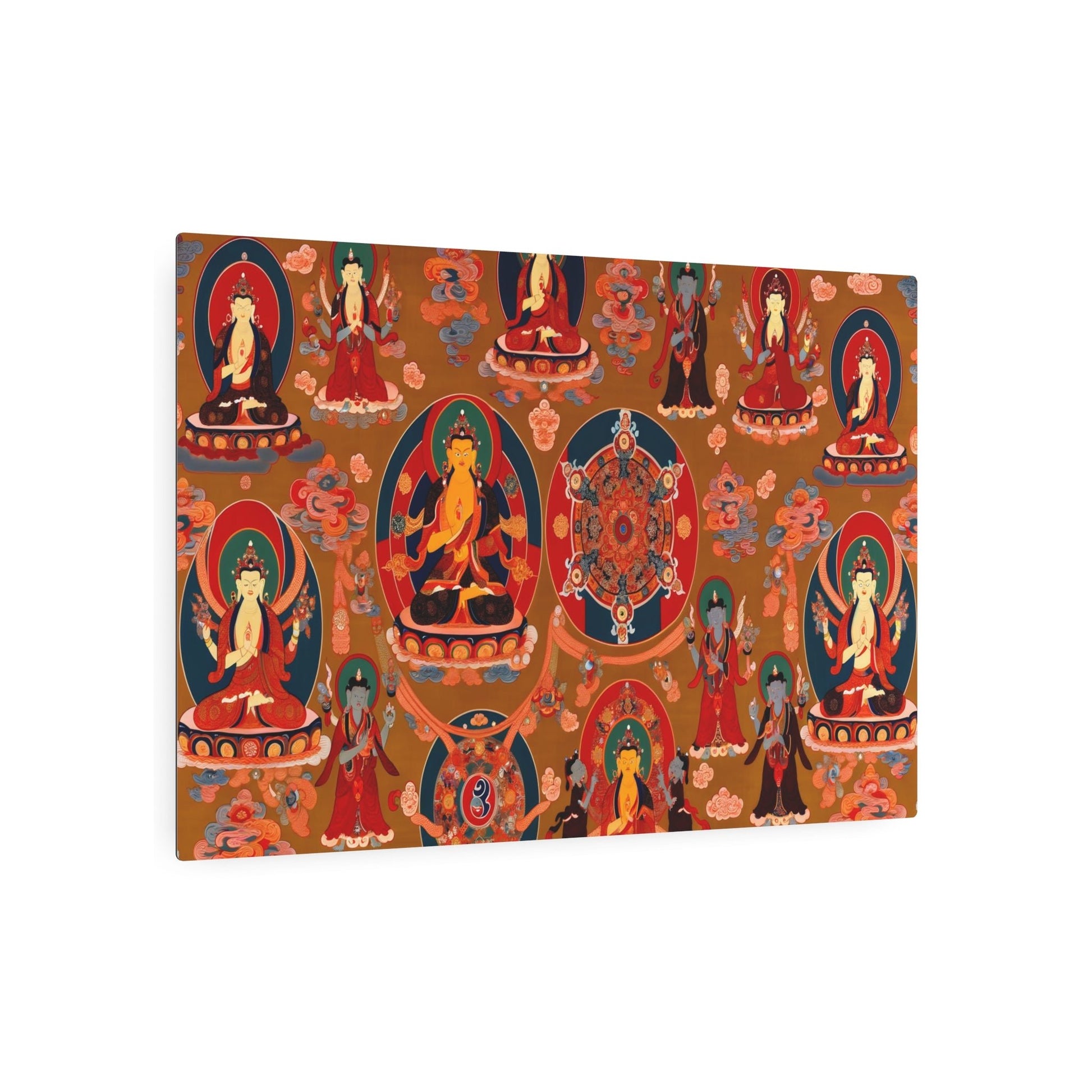 Metal Poster Art | "Traditional Tibetan Thangka Painting - Vibrant Red & Gold Artwork Featuring Buddhist Deities, Mandala Designs and Detailed Figures of Bodhisatt - Metal Poster Art 36″ x 24″ (Horizontal) 0.12''