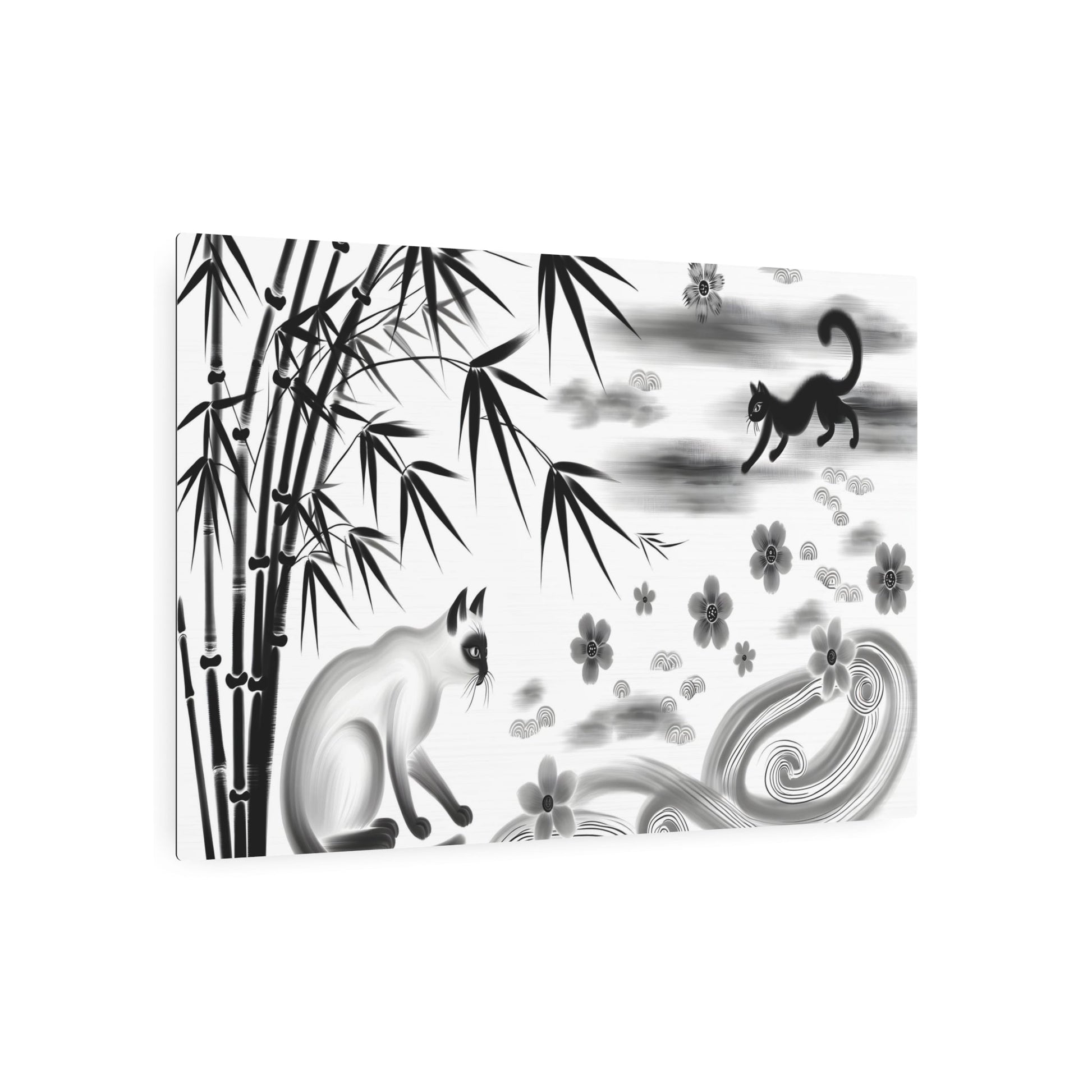 Metal Poster Art | "Chinese Silk Painting of Graceful Cat in Traditional Ink and Wash Style, Surrounded by Natural Elements Representing Yin and Yang - Sublime Asian Art - Metal Poster Art 36″ x 24″ (Horizontal) 0.12''