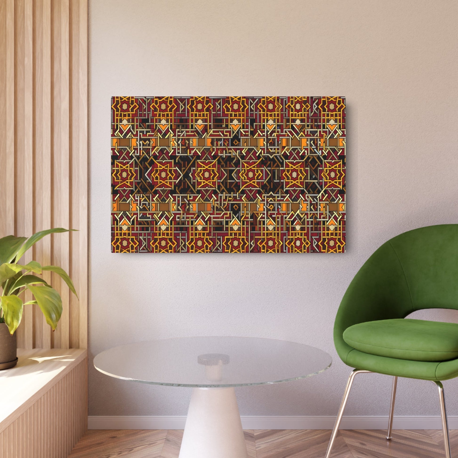 Metal Poster Art | "Islamic Geometric Art Display - Traditional Non-Western Style with Intricate Lines and Shapes in Warm Colors" - Metal Poster Art 36″ x 24″ (Horizontal) 0.12''