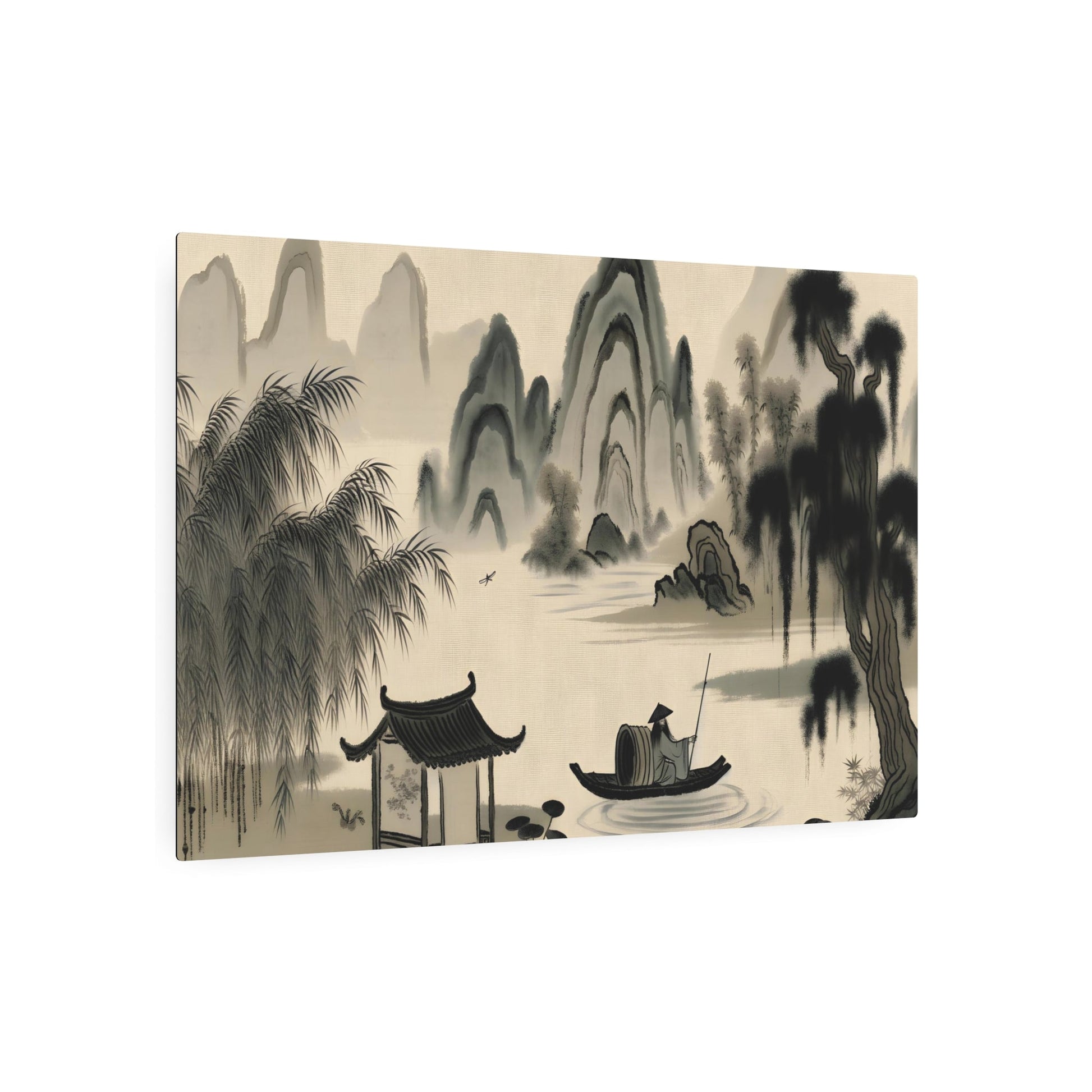 Metal Poster Art | "Song Dynasty Inspired Chinese Landscape Art - Intricate Mountains, Rivers & Traditional Elements in Muted Shades of Black, Gray & Green with Touches of - Metal Poster Art 36″ x 24″ (Horizontal) 0.12''