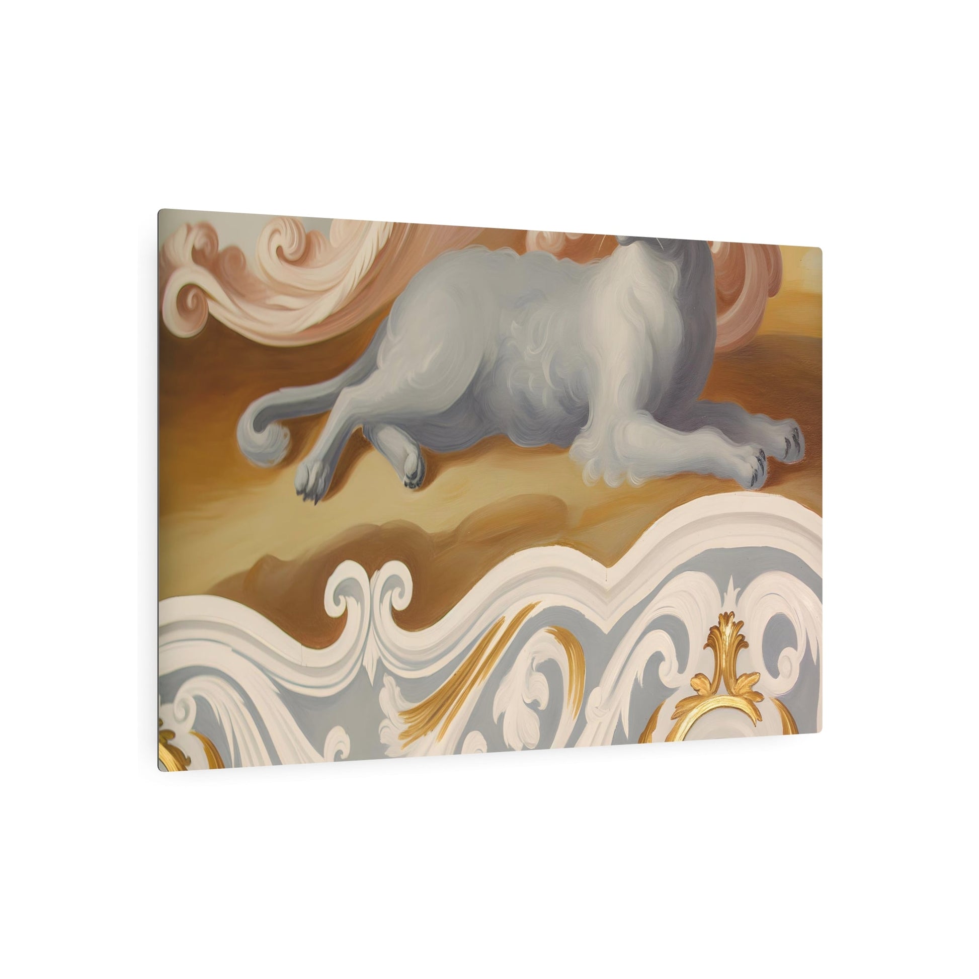 Metal Poster Art | "Rococo Style Western Art - Elegant Pastel Painting of Cat Lounging on Intricately Decorated Furniture with Gilded Carvings - Metal Poster Art 36″ x 24″ (Horizontal) 0.12''
