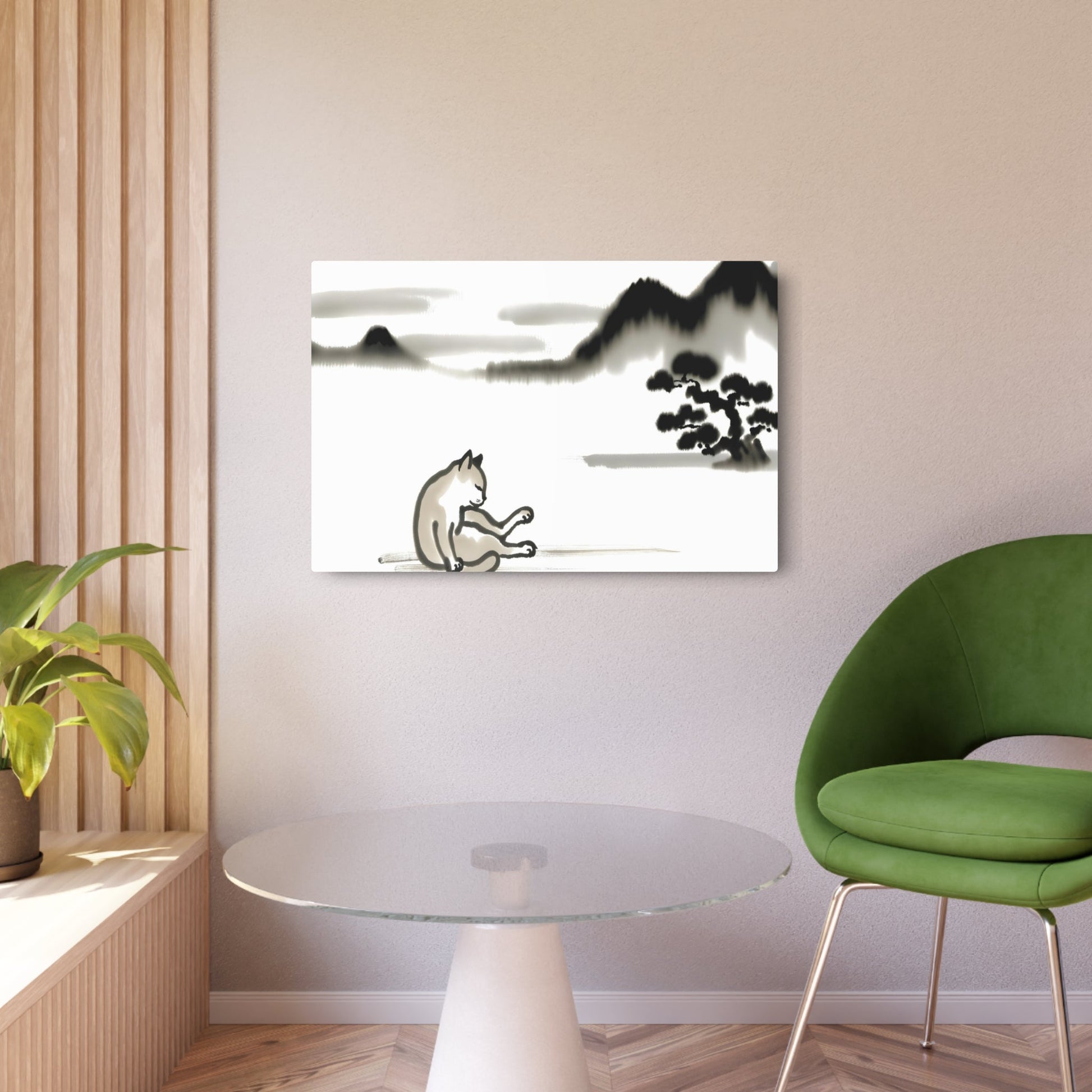 Metal Poster Art | "Sumi-e Japanese Ink Wash Painting - Serene Scene Featuring a Cat, Asian Art Styles Collection" - Metal Poster Art 36″ x 24″ (Horizontal) 0.12''