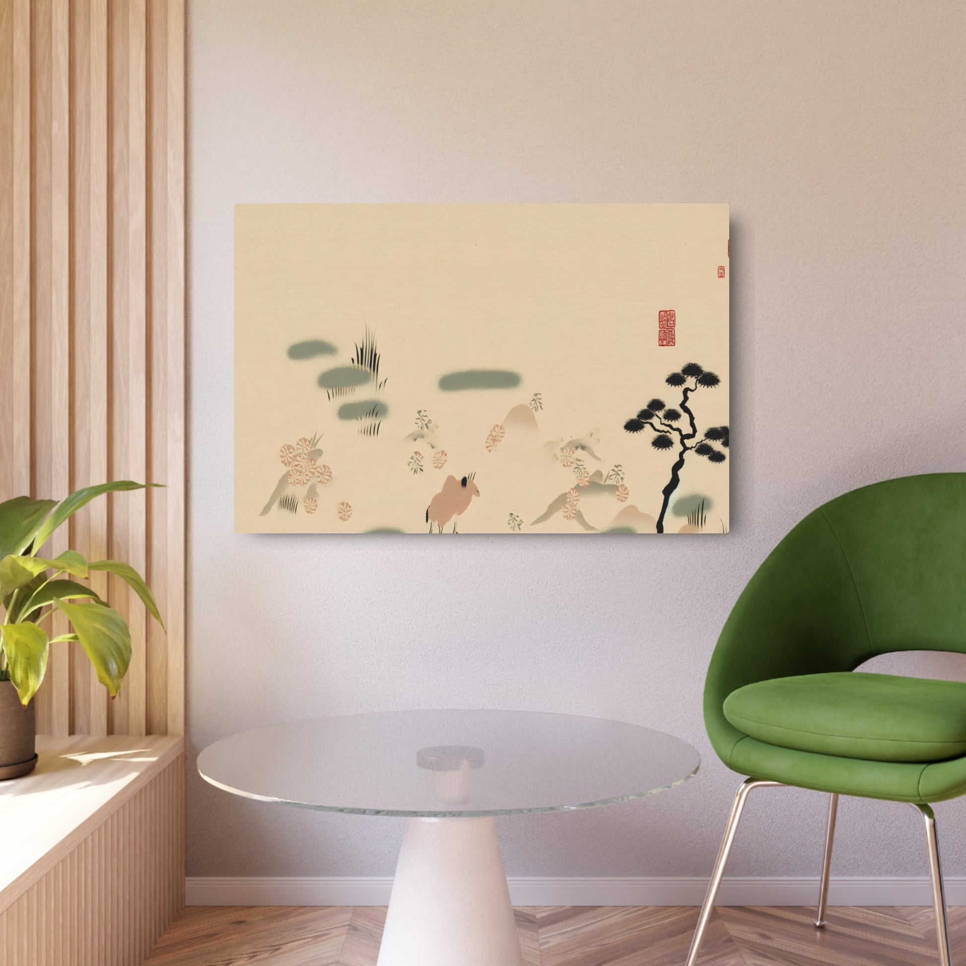 Metal Poster Art | "Elegant Kano School Inspired Japanese Painting: Simplistic Nature Scenes with Delicate Calligraphy and Abstract Animal Representations - Asian Art Styles" - Metal Poster Art 36″ x 24″ (Horizontal) 0.12''