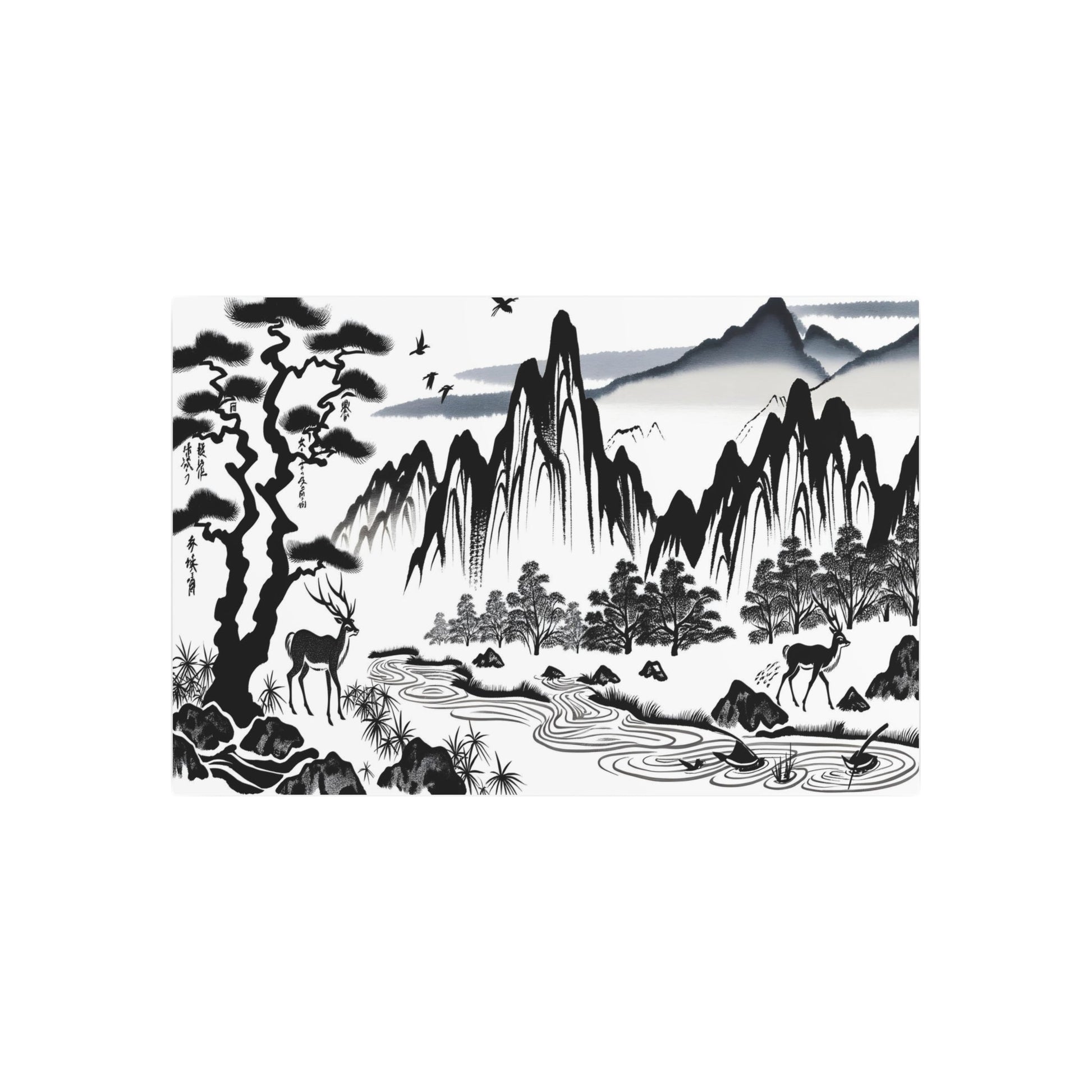 Metal Poster Art | "Kano School Inspired Asian Artwork: Monochrome Ink Painting of Japanese Landscapes and Animals " - Metal Poster Art 36″ x 24″ (Horizontal) 0.12''