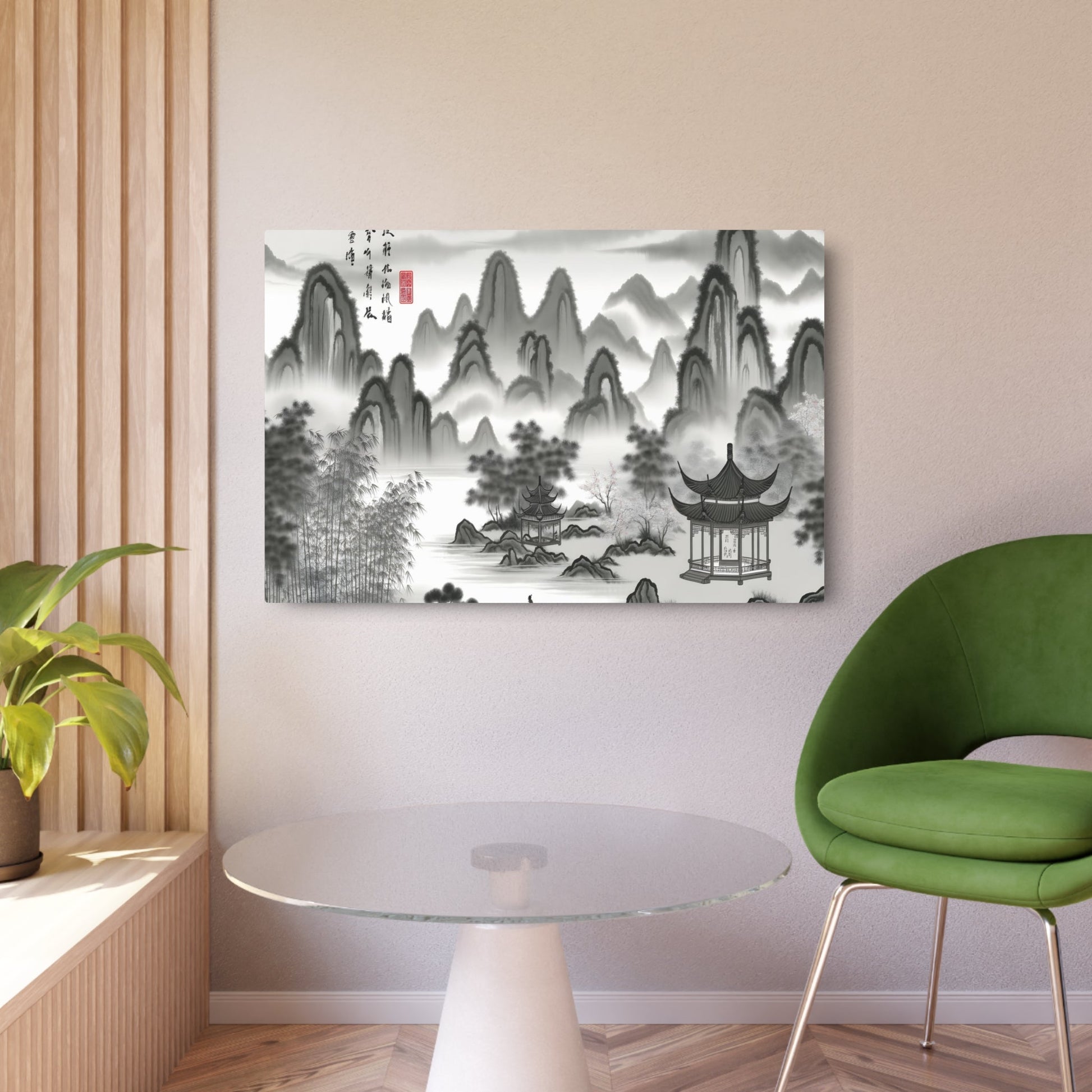 Metal Poster Art | "Traditional Chinese Landscape Ink Wash Painting: Misty Mountains and River Panorama with Ancient Architecture, Bamboo Forests & Cherry Blossoms - Grey, Black - Metal Poster Art 36″ x 24″ (Horizontal) 0.12''