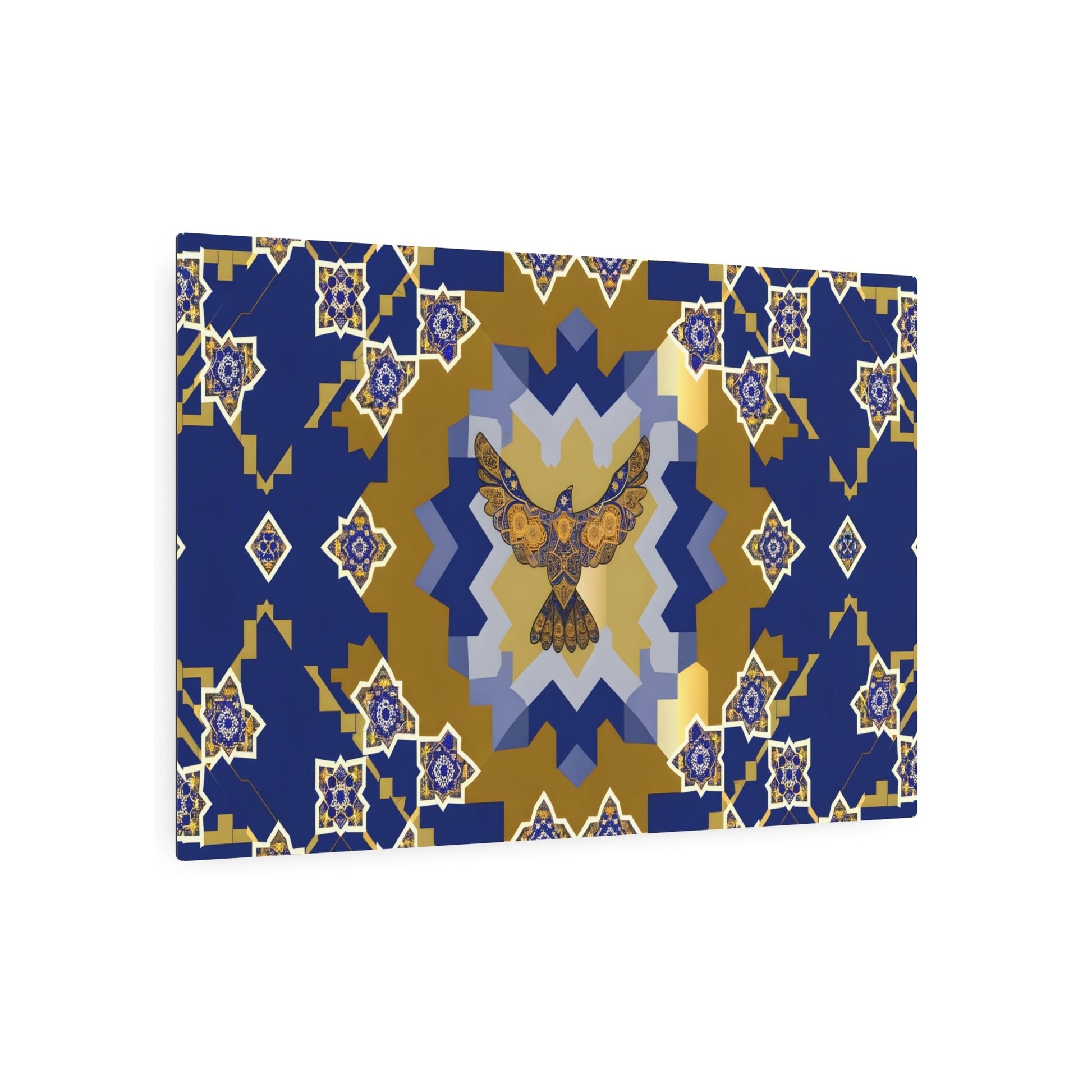 Metal Poster Art | "Authentic Islamic Geometric Artwork Featuring Detailed Bird Design in Rich Blues, Golds, and Whites - Non-Western & Global Styles Collection" - Metal Poster Art 36″ x 24″ (Horizontal) 0.12''