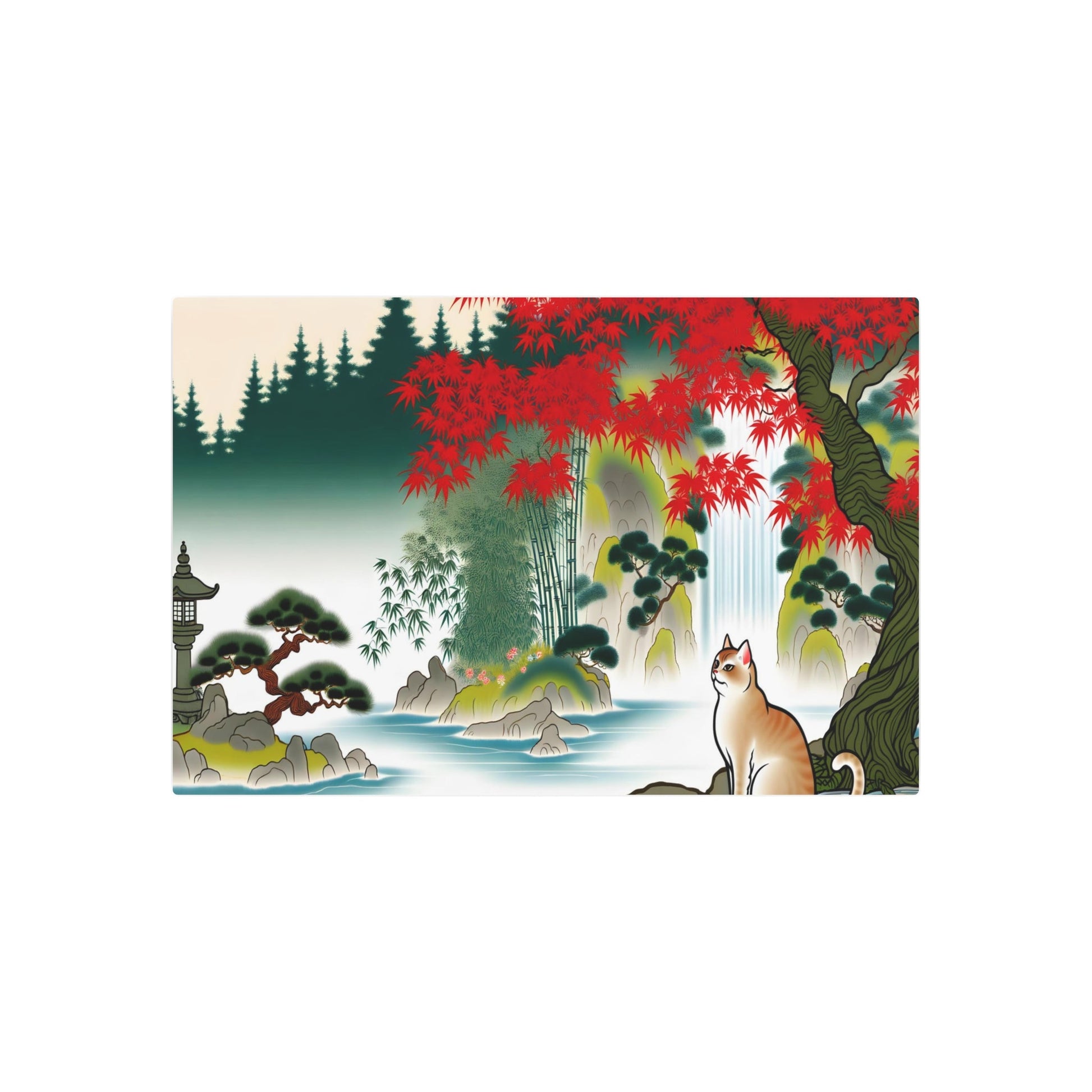 Metal Poster Art | "Kano School Inspired Japanese Traditional Painting - Serene Scenic Artwork Featuring a Cat in Asian Art Styles Category" - Metal Poster Art 36″ x 24″ (Horizontal) 0.12''