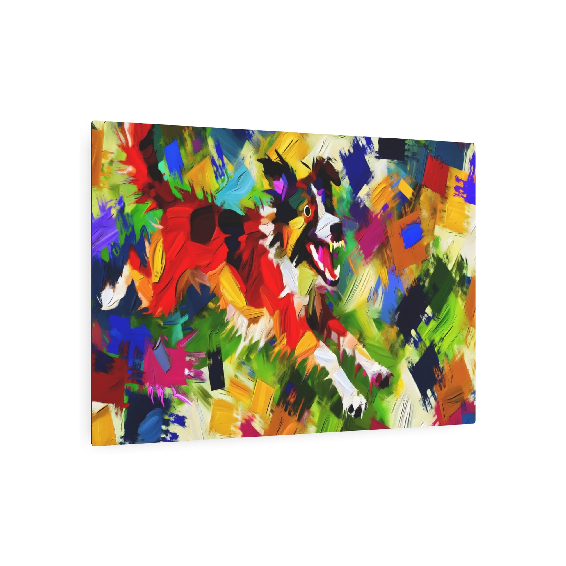 Metal Poster Art | "Playful Canine Energy: Vibrant Abstract Expressionist Artwork in Modern & Contemporary Styles, featuring Bold Brush Strokes and Contrasting Textures - Metal Poster Art 36″ x 24″ (Horizontal) 0.12''