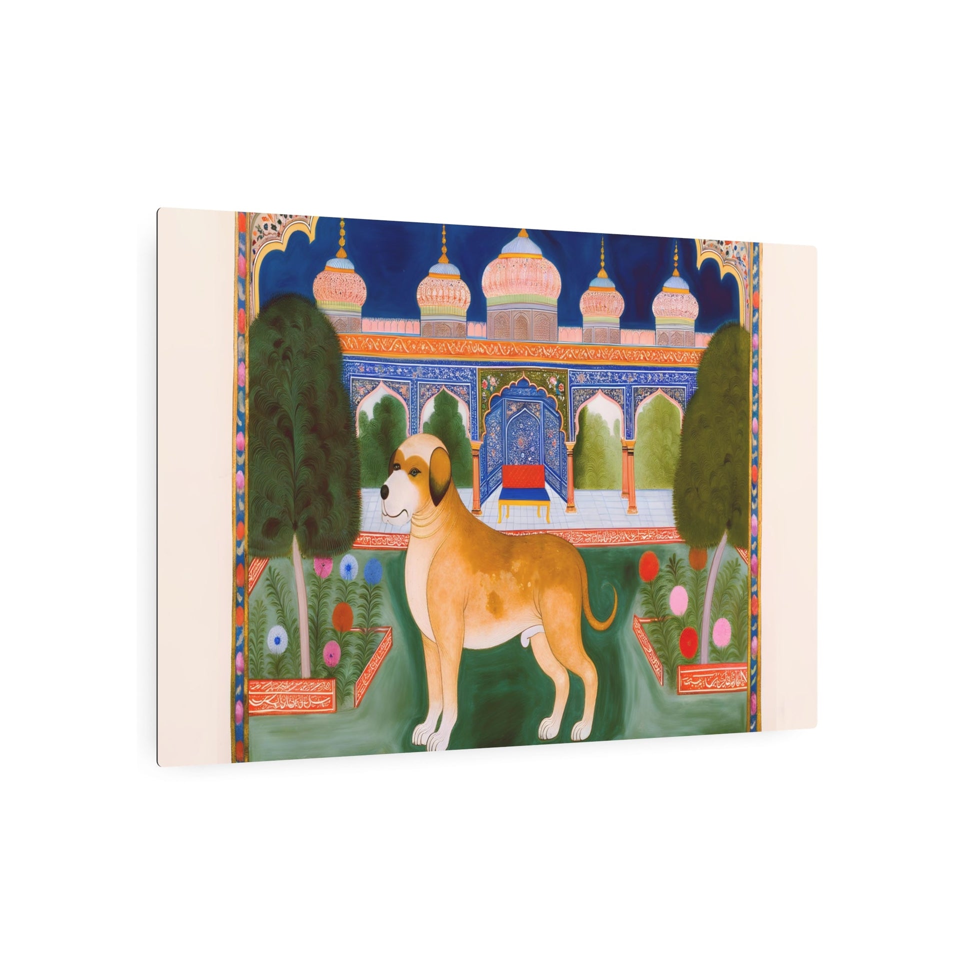 Metal Poster Art | "Mughal Miniature Painting: Majestic Dog in Traditional Garden - Vivid Colors, Non-Western Art, South Asian Style" - Metal Poster Art 36″ x 24″ (Horizontal) 0.12''