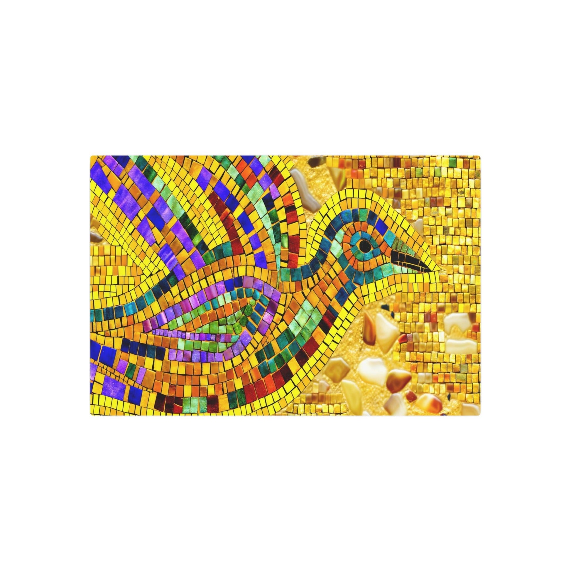 Metal Poster Art | "Byzantine Style Artwork: Vibrant Mosaic Bird Design with Shimmering Gold Tiles - Non-Western & Global Styles Collection" - Metal Poster Art 36″ x 24″ (Horizontal) 0.12''