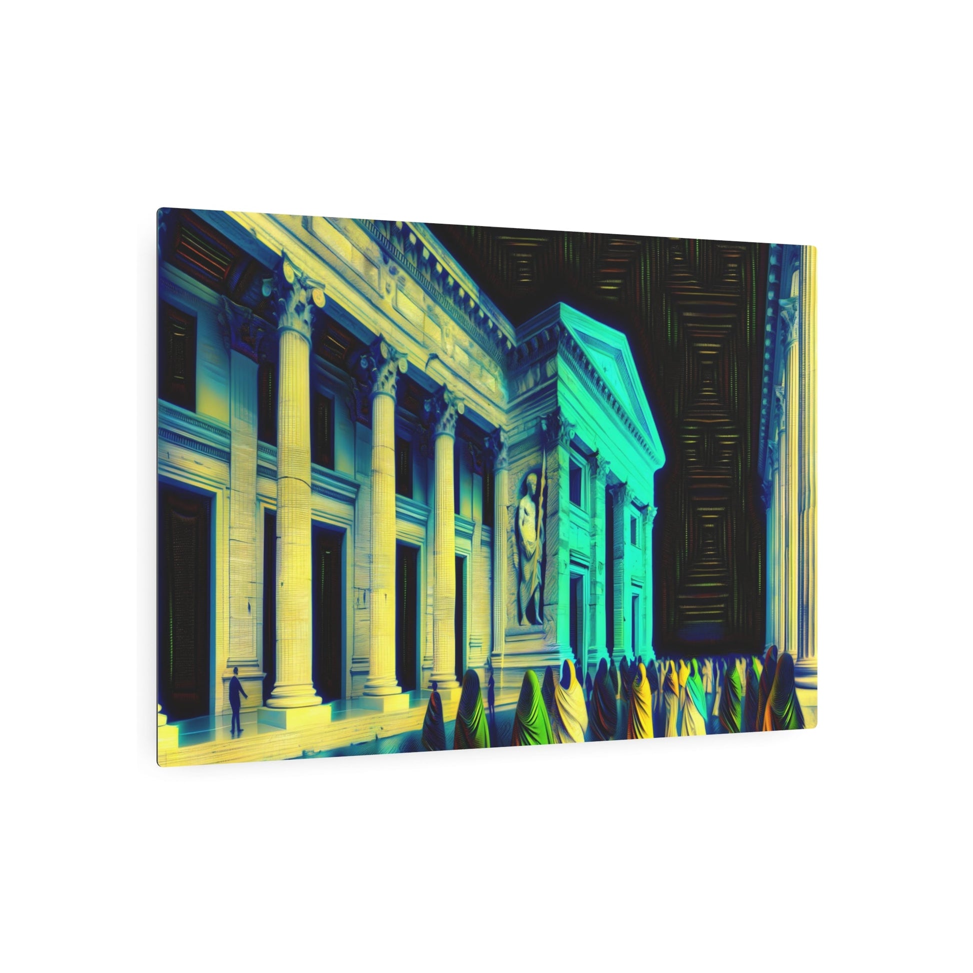 Metal Poster Art | "Neoclassical Artwork - Grand Architectural Setting with Romans in Traditional Attire, Emphasizing Stone and Fabric Textures - Western Art - Metal Poster Art 36″ x 24″ (Horizontal) 0.12''