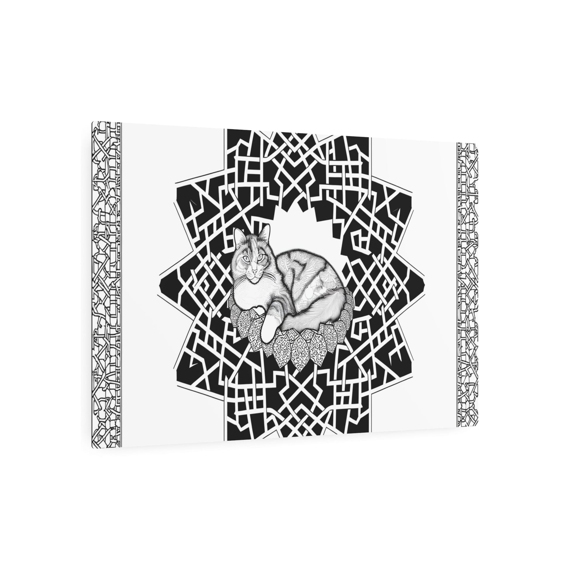 Metal Poster Art | "Islamic Geometric Patterns Art: Graceful Cat Resting within Intricate Non-Western Design" - Metal Poster Art 36″ x 24″ (Horizontal) 0.12''