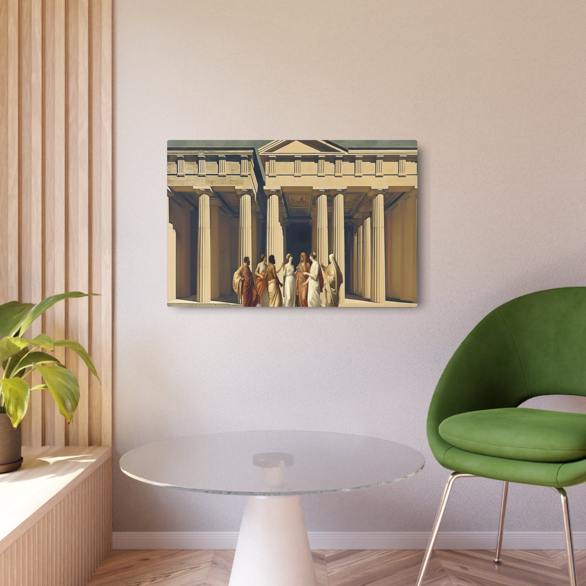 Metal Poster Art | "Neoclassical Artwork with Greco-Roman Architecture & Robed Figures in Earthy Tones - Western Art Styles Collection" - Metal Poster Art 36″ x 24″ (Horizontal) 0.12''