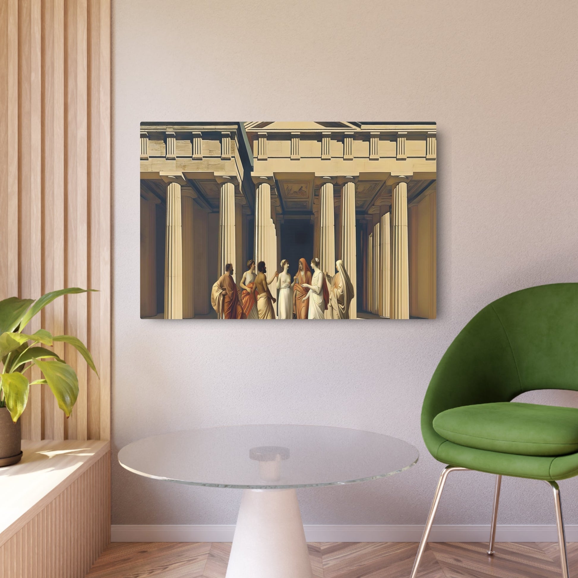 Metal Poster Art | "Neoclassical Artwork with Greco-Roman Architecture & Robed Figures in Earthy Tones - Western Art Styles Collection" - Metal Poster Art 36″ x 24″ (Horizontal) 0.12''