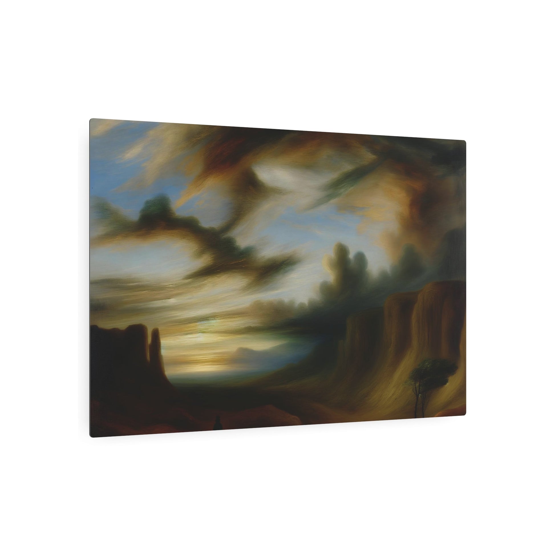 Metal Poster Art | "Romanticism Western Art - Atmospheric Landscape with Dramatic Contrasts, Powerful Sunset and Lone Figure Emphasizing Human Experience in Nature's Grandeur - Metal Poster Art 36″ x 24″ (Horizontal) 0.12''