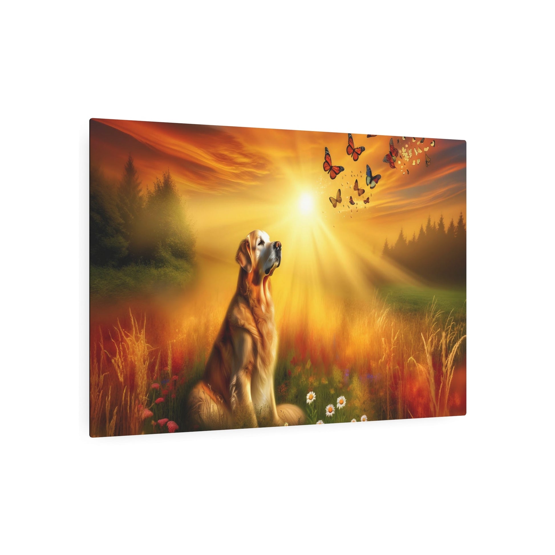 Metal Poster Art | "Realism Western Art - Golden Retriever in Sunlit Meadow at Sunset with Butterflies Canvas Print" - Metal Poster Art 36″ x 24″ (Horizontal) 0.12''
