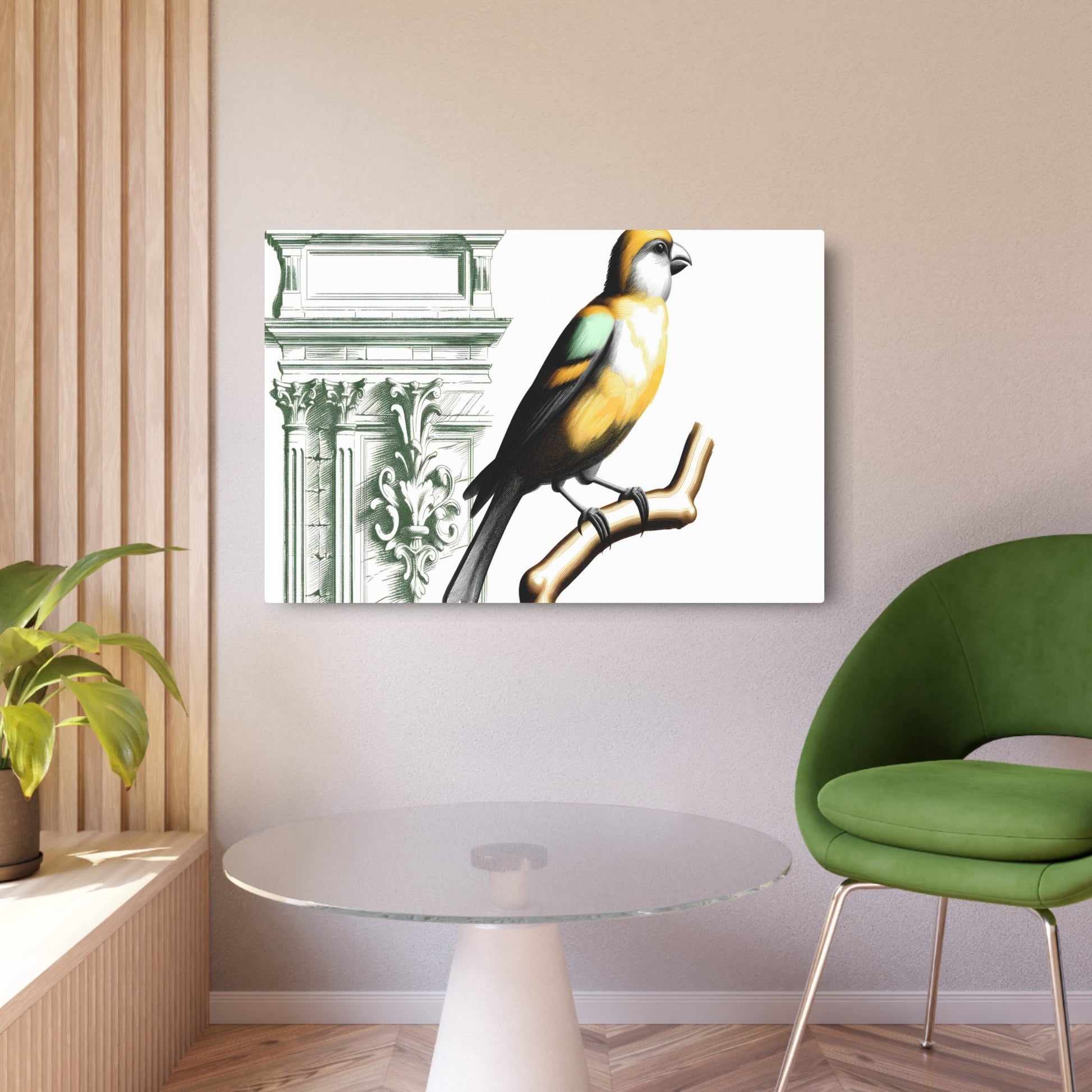 Metal Poster Art | "Neoclassical Style Western Art: Detailed Bird on Branch Scene with Architectural Elements and Dramatic Use of Light, Color, and Contrast" - Metal Poster Art 36″ x 24″ (Horizontal) 0.12''