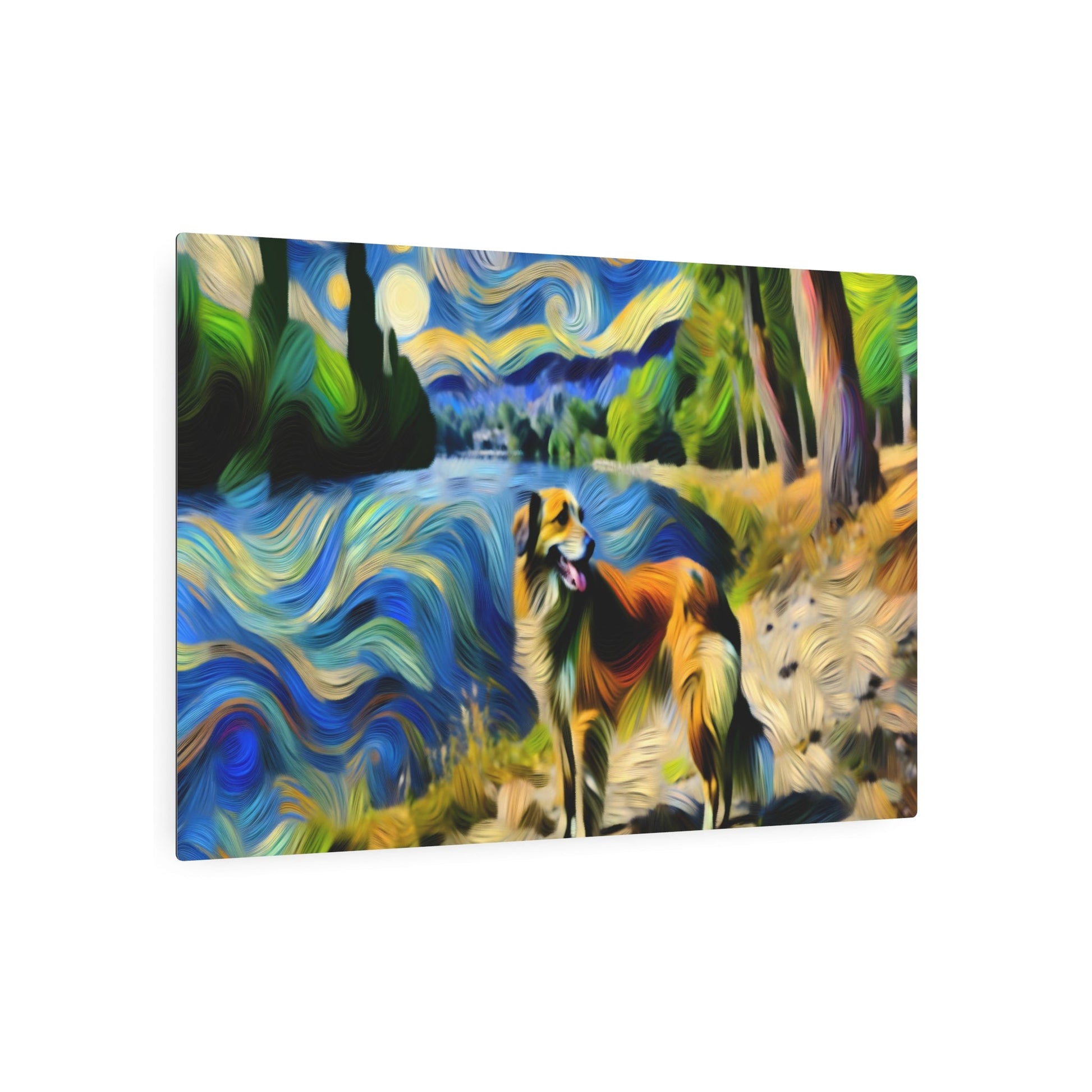 Metal Poster Art | "Post-Impressionism Art Print - Vibrant Western Art Style Featuring a Loyal Dog by a Picturesque River, Expressing Artist's Subject - Metal Poster Art 36″ x 24″ (Horizontal) 0.12''