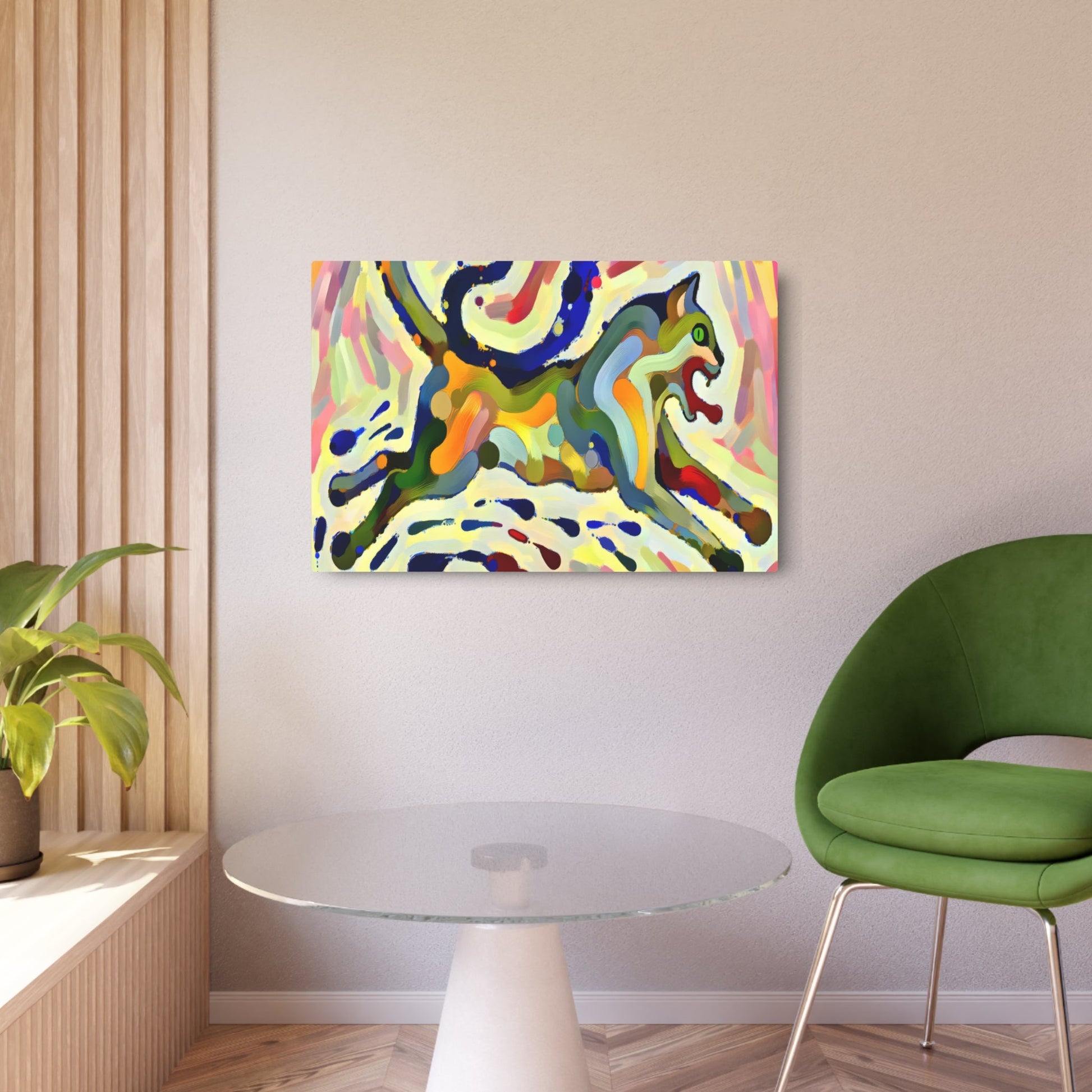 Metal Poster Art | "Vibrant Abstract Expressionism Cat Painting - Modern Contemporary Art with Bold Colors, Emotive Brushstrokes, Dripped Paint Effect & Dynamic - Metal Poster Art 36″ x 24″ (Horizontal) 0.12''