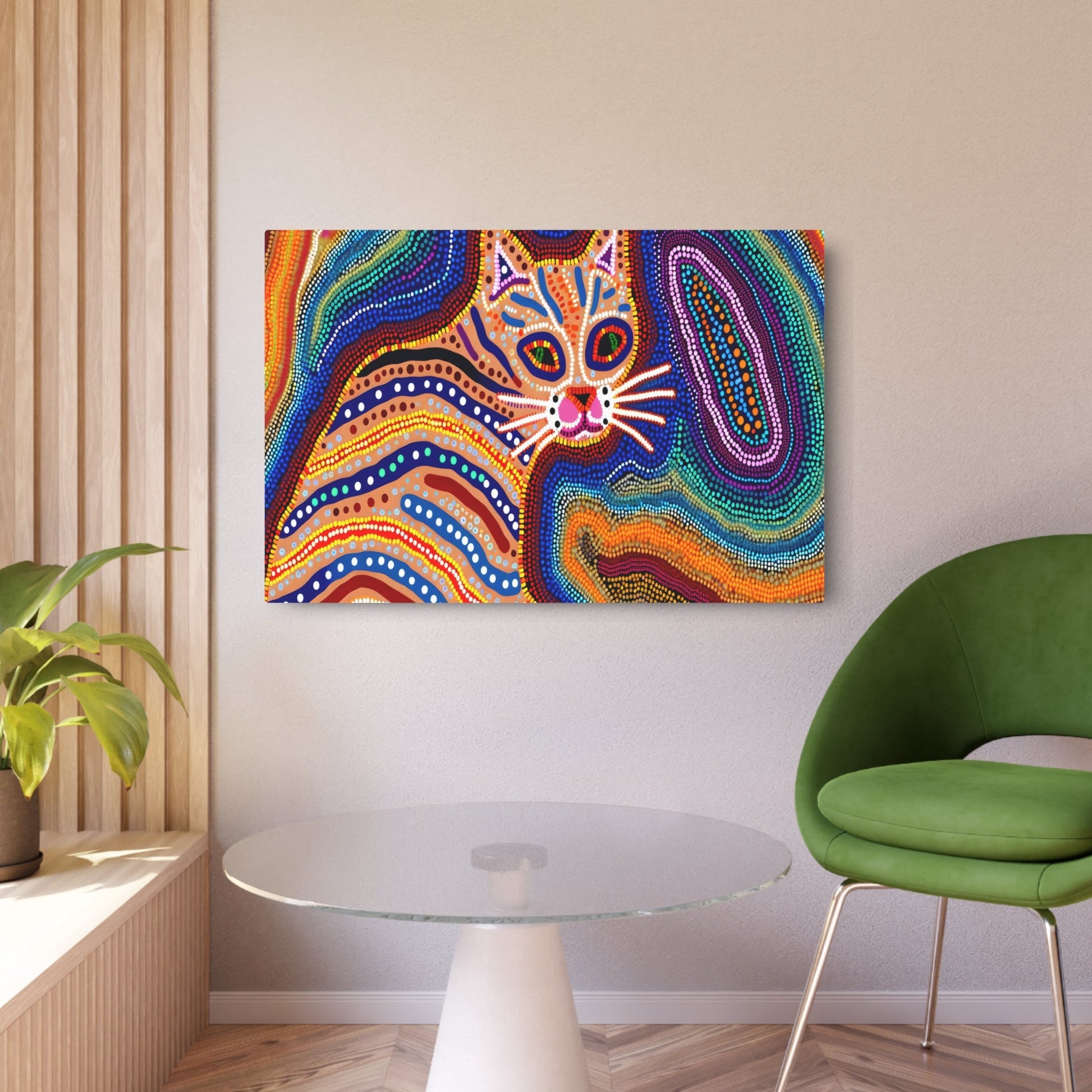 Metal Poster Art | "Australian Aboriginal Art Inspired Cat Image - Vibrant Non-Western & Global Styles" - Metal Poster Art 36″ x 24″ (Horizontal) 0.12''