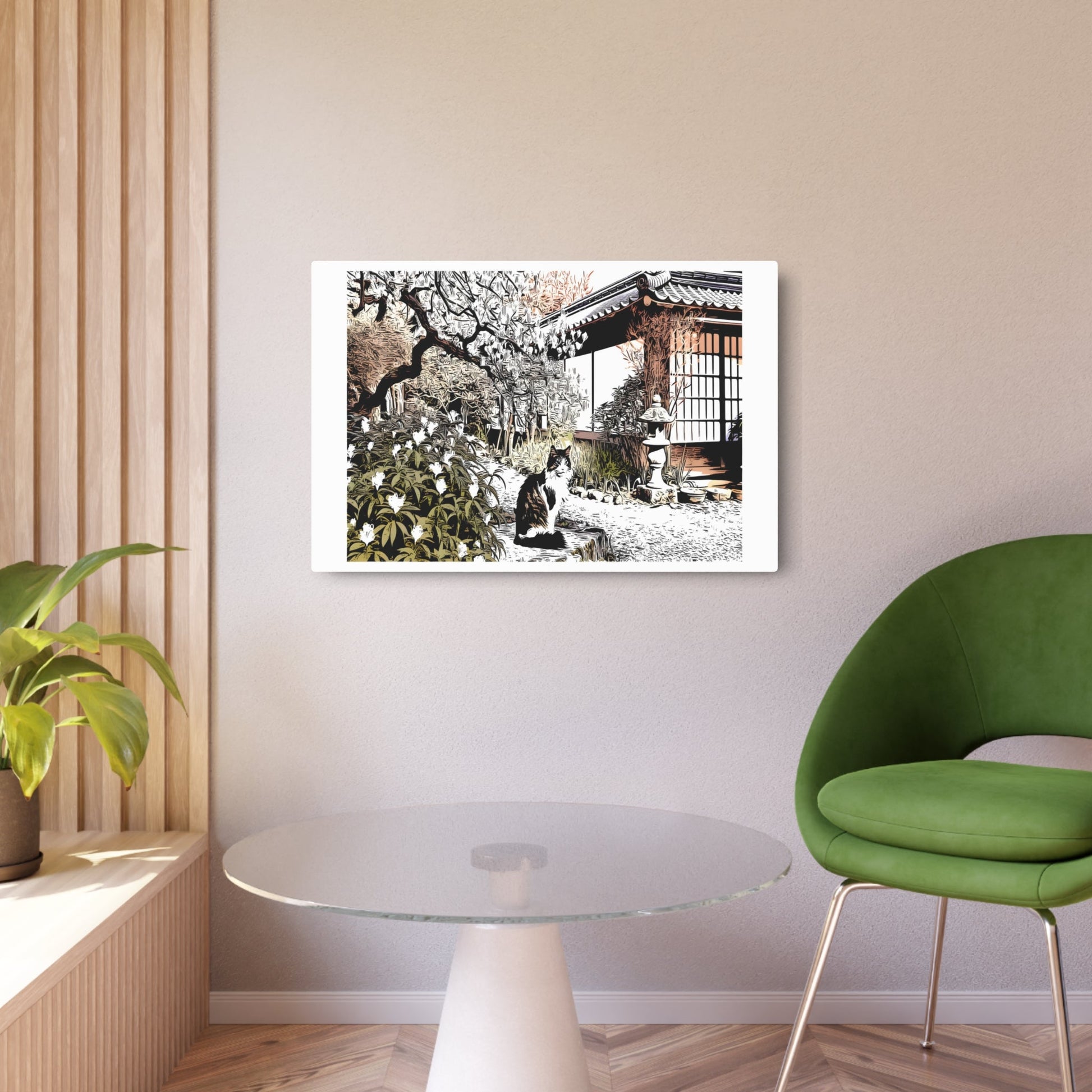 Metal Poster Art | "Graceful Kano School Japanese Art Inspired Cat in Natural Setting - Asian Art Styles Collection" - Metal Poster Art 36″ x 24″ (Horizontal) 0.12''