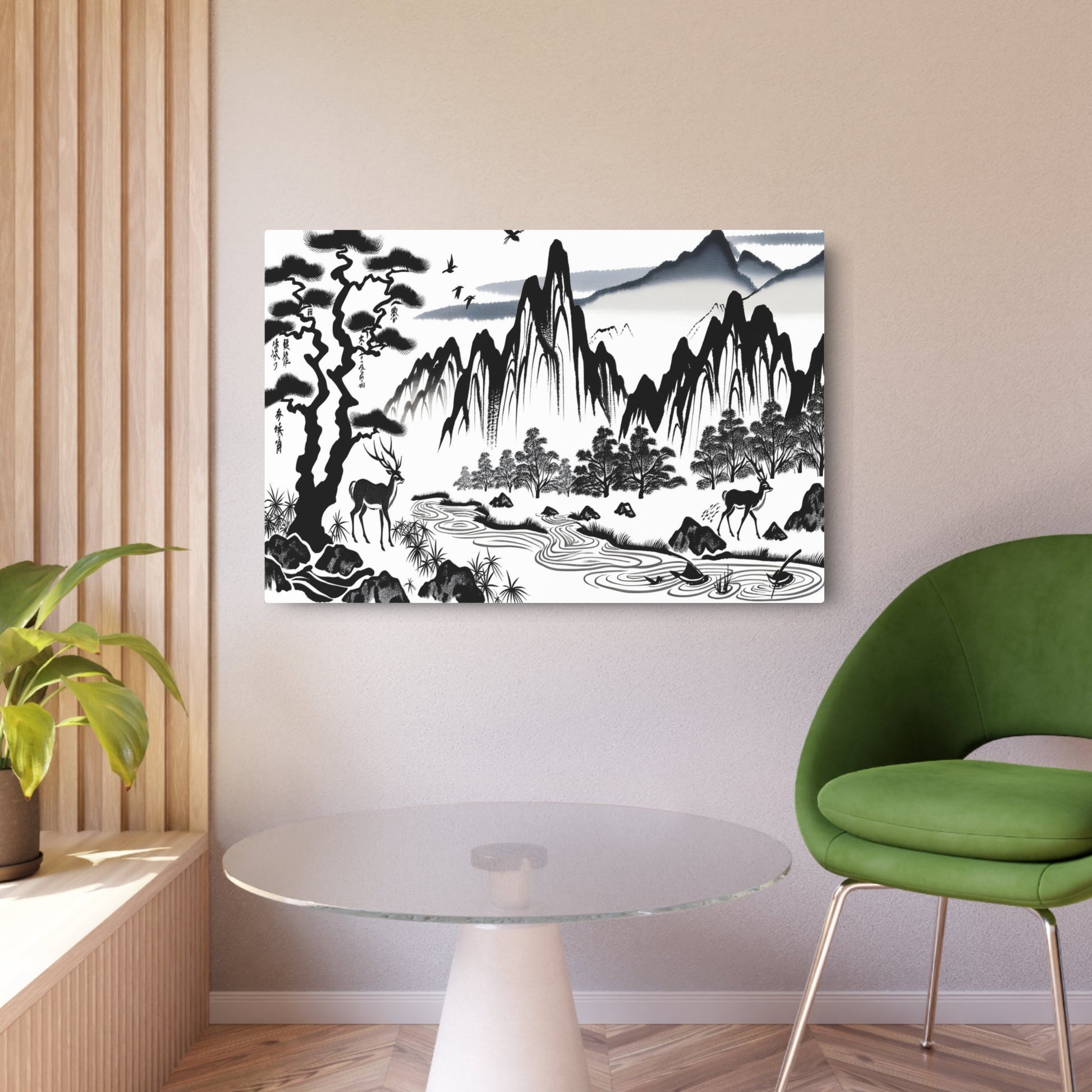 Metal Poster Art | "Kano School Inspired Asian Artwork: Monochrome Ink Painting of Japanese Landscapes and Animals " - Metal Poster Art 36″ x 24″ (Horizontal) 0.12''