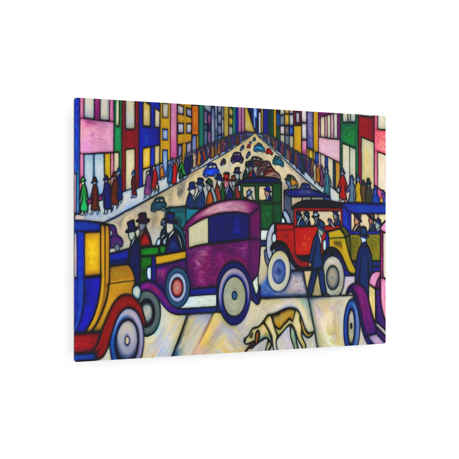 Metal Poster Art | "Vibrant Expressionist Western Art Style - NYC Scene with Dog Navigating Bustling Streets - Colorful, Distorted Visuals Challeng - Metal Poster Art 36″ x 24″ (Horizontal) 0.12''
