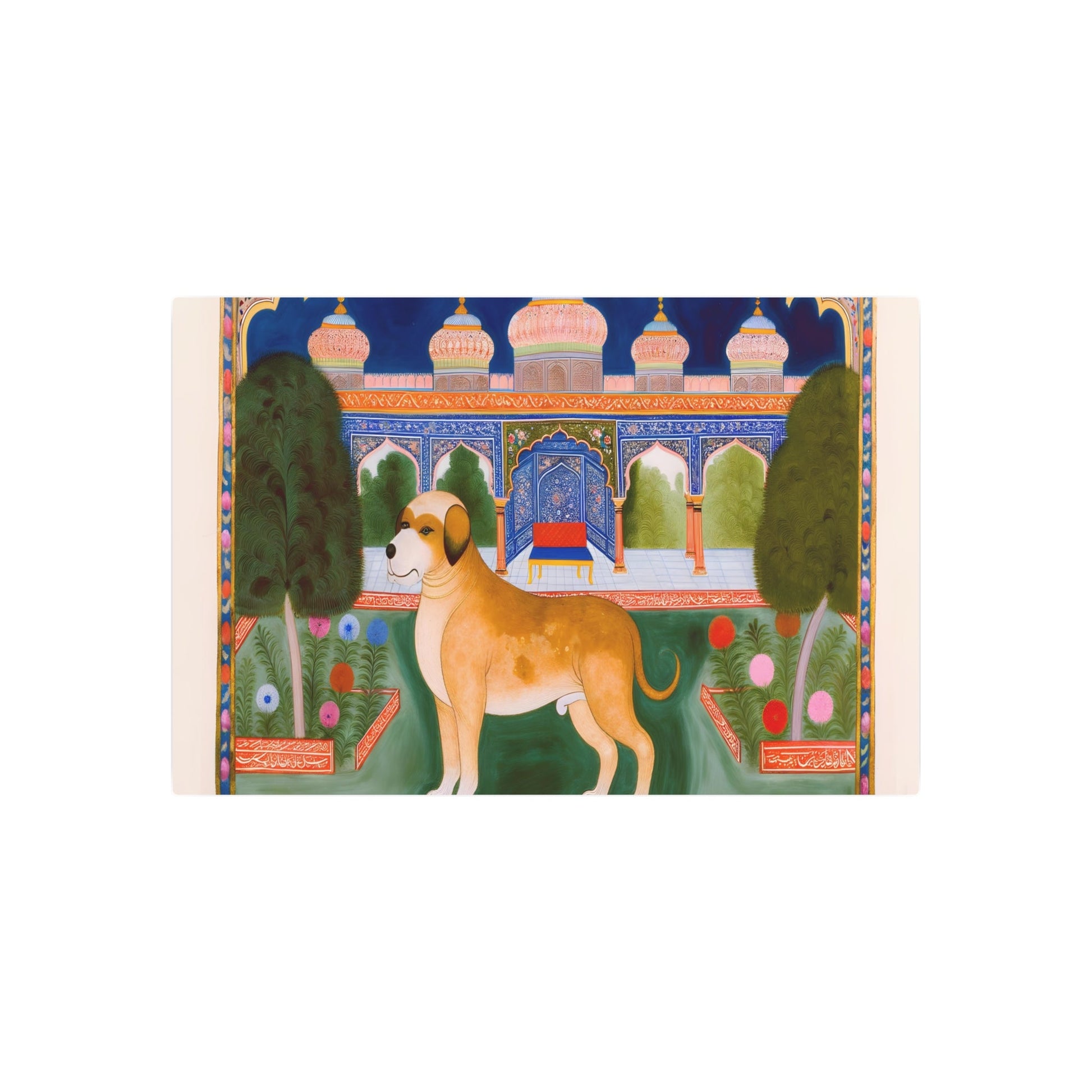 Metal Poster Art | "Mughal Miniature Painting: Majestic Dog in Traditional Garden - Vivid Colors, Non-Western Art, South Asian Style" - Metal Poster Art 36″ x 24″ (Horizontal) 0.12''