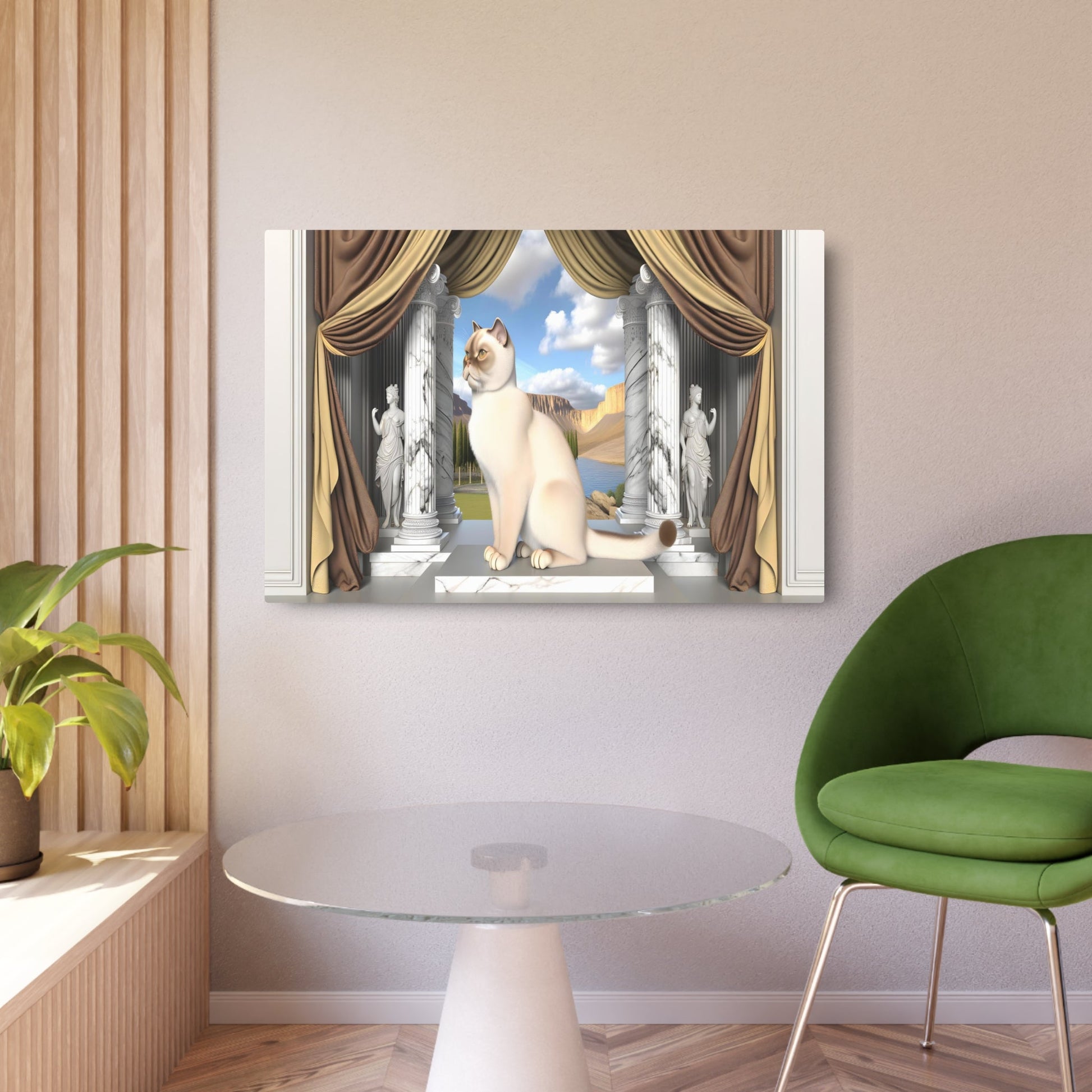 Metal Poster Art | "Neoclassical Aristocratic Cat Art Print - Western Neoclassicism Art Style Featuring Regal Feline with Marble Columns and Classic Drap - Metal Poster Art 36″ x 24″ (Horizontal) 0.12''