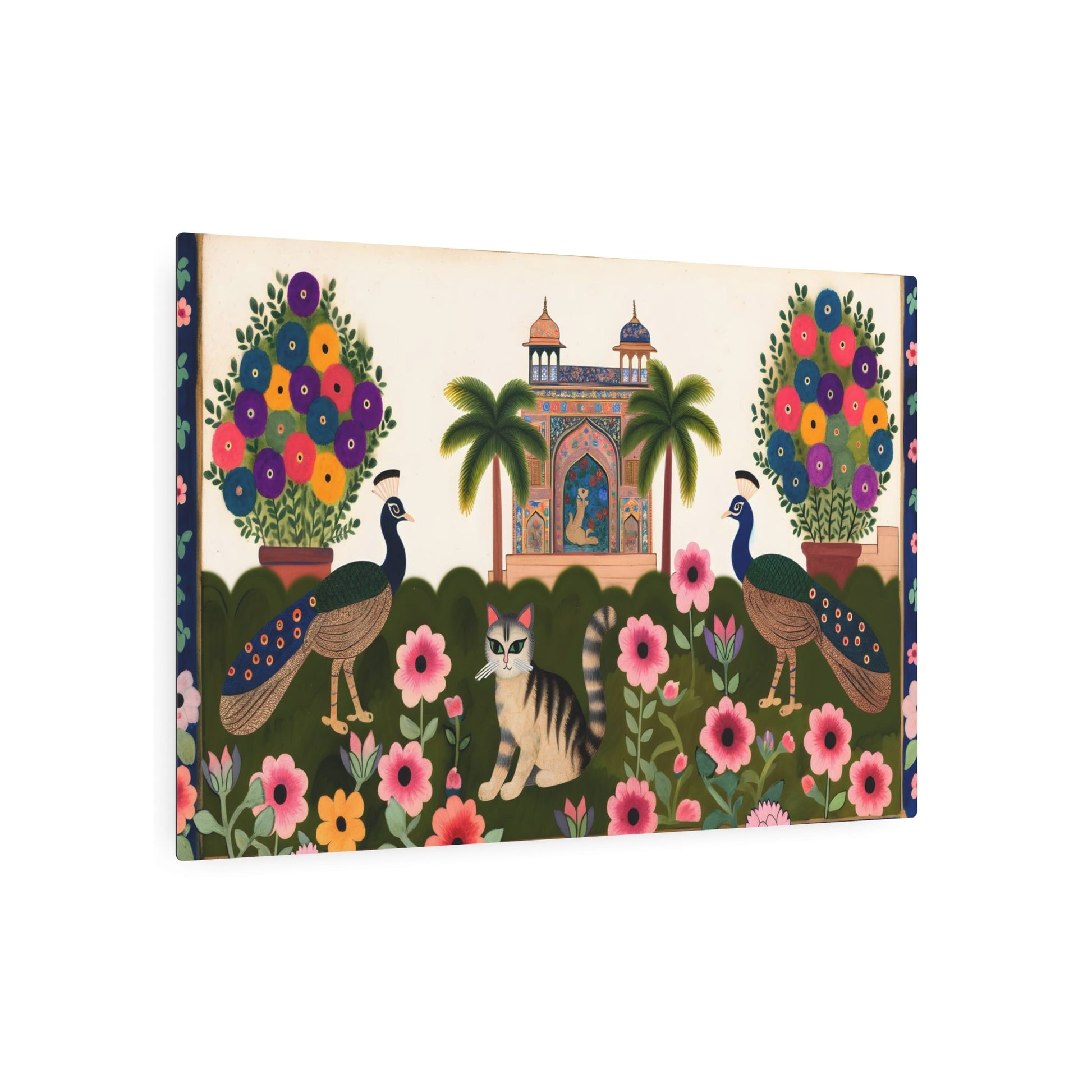 Metal Poster Art | "Mughal Miniature Art - Traditional South Asian Painting of Cat and Peacocks in a Blooming Garden with Architectural Designs" - Metal Poster Art 36″ x 24″ (Horizontal) 0.12''